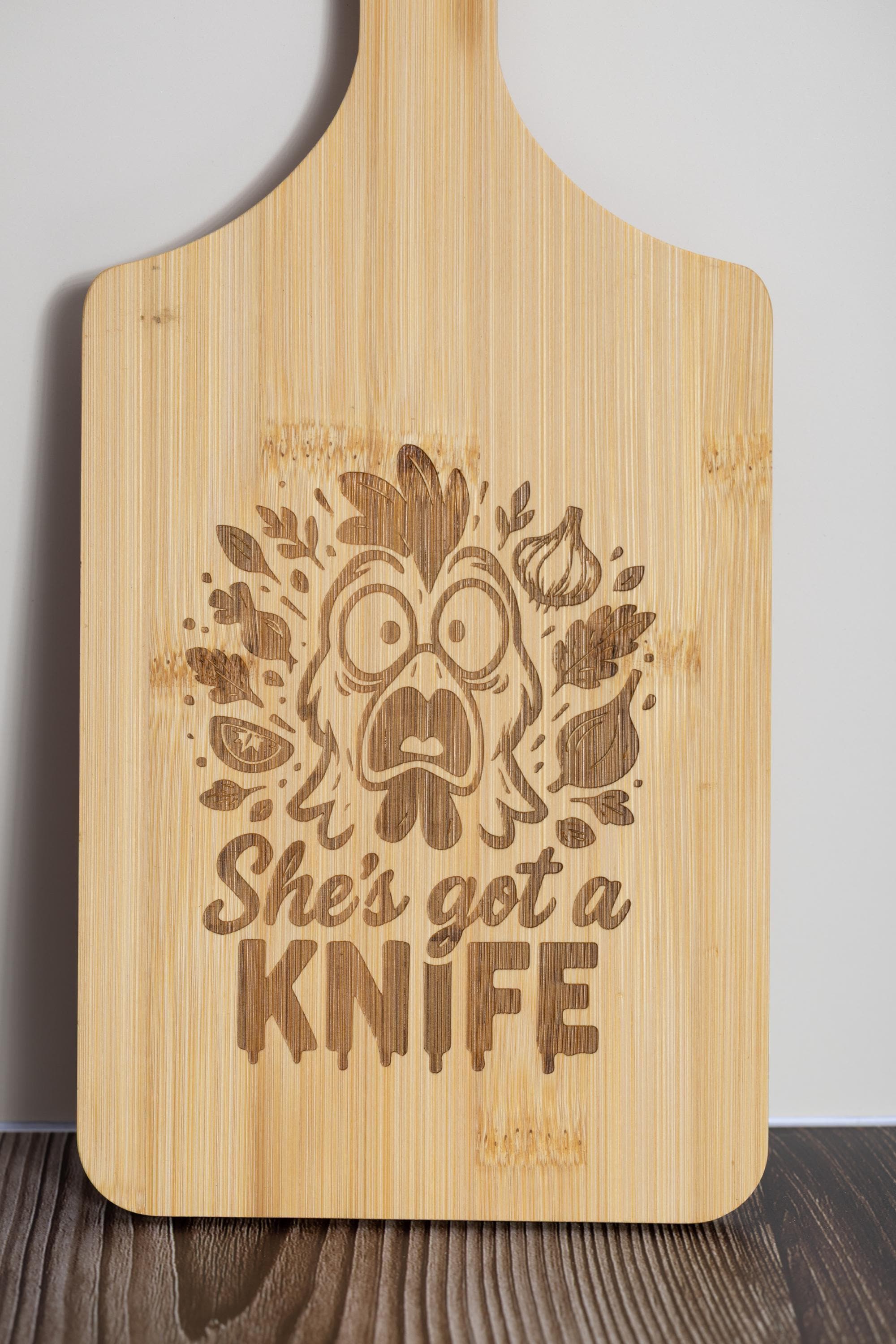 Bamboo Cutting Board – Funny 'She’s Got a Knife' Engraved, Eco Friendly Board 5x11