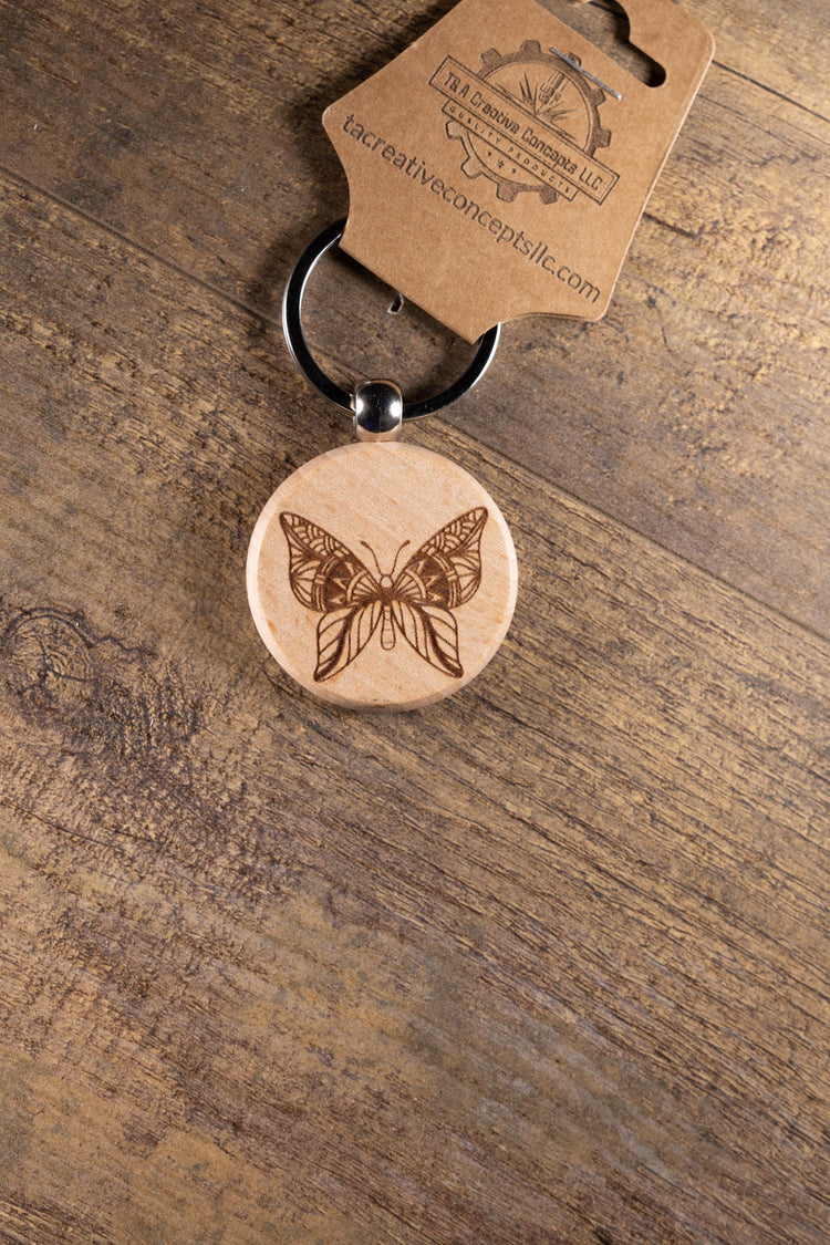 Butterfly Keychain - Laser Engraved Wood Bag Charm with Stainless Steel Ring