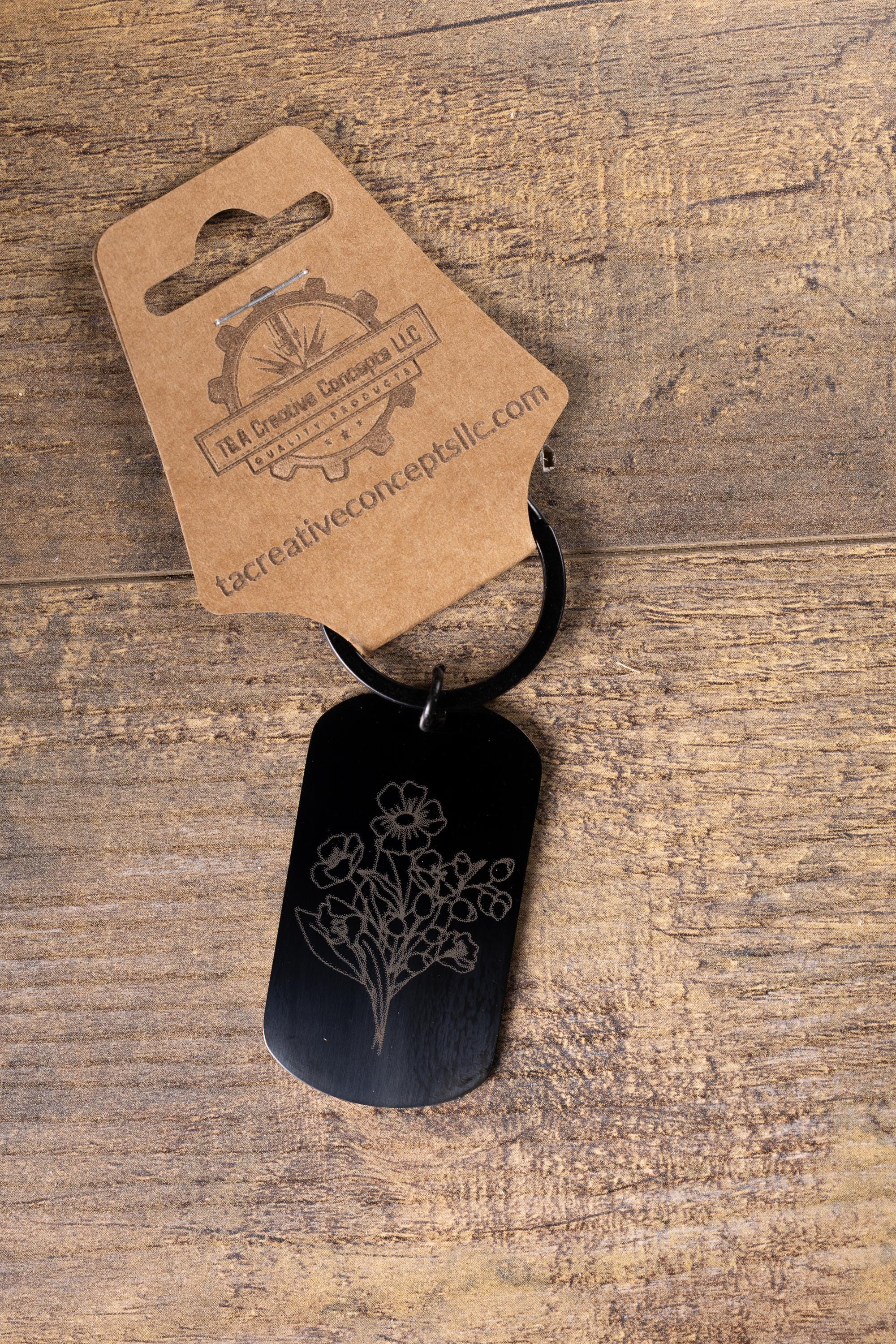 Black Stainless Steel Keychain – Floral Engraved Design | Fade Resistant, Matte Finish