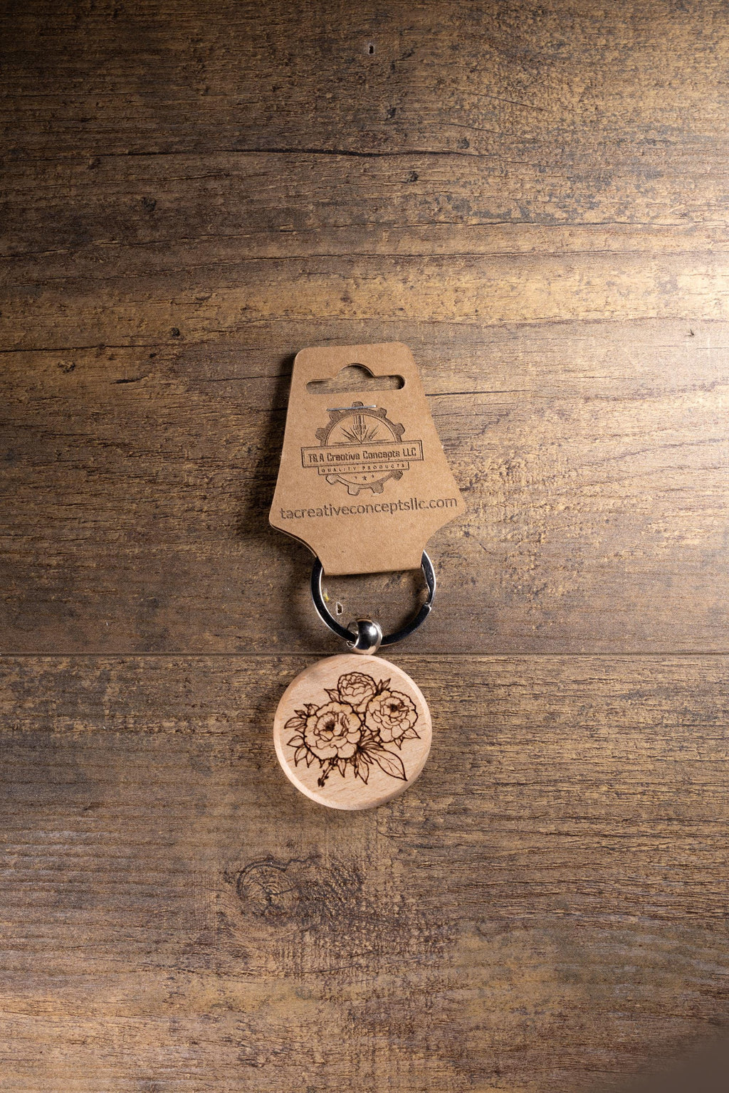 Wood Keychain – Laser Engraved Peony Bouquet Floral Charm | Maple, Cherry, Walnut