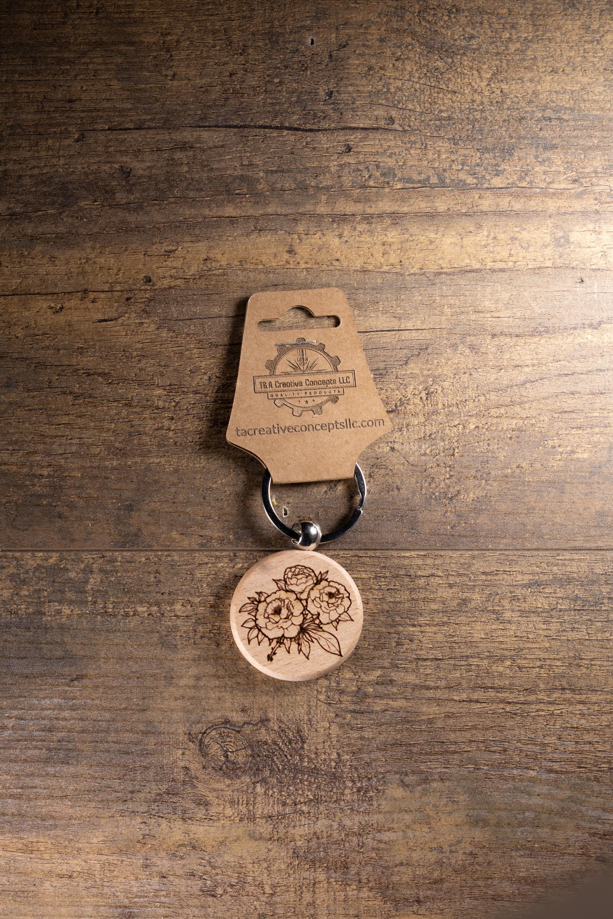 Wood Keychain – Laser Engraved Peony Bouquet Floral Charm | Maple, Cherry, Walnut