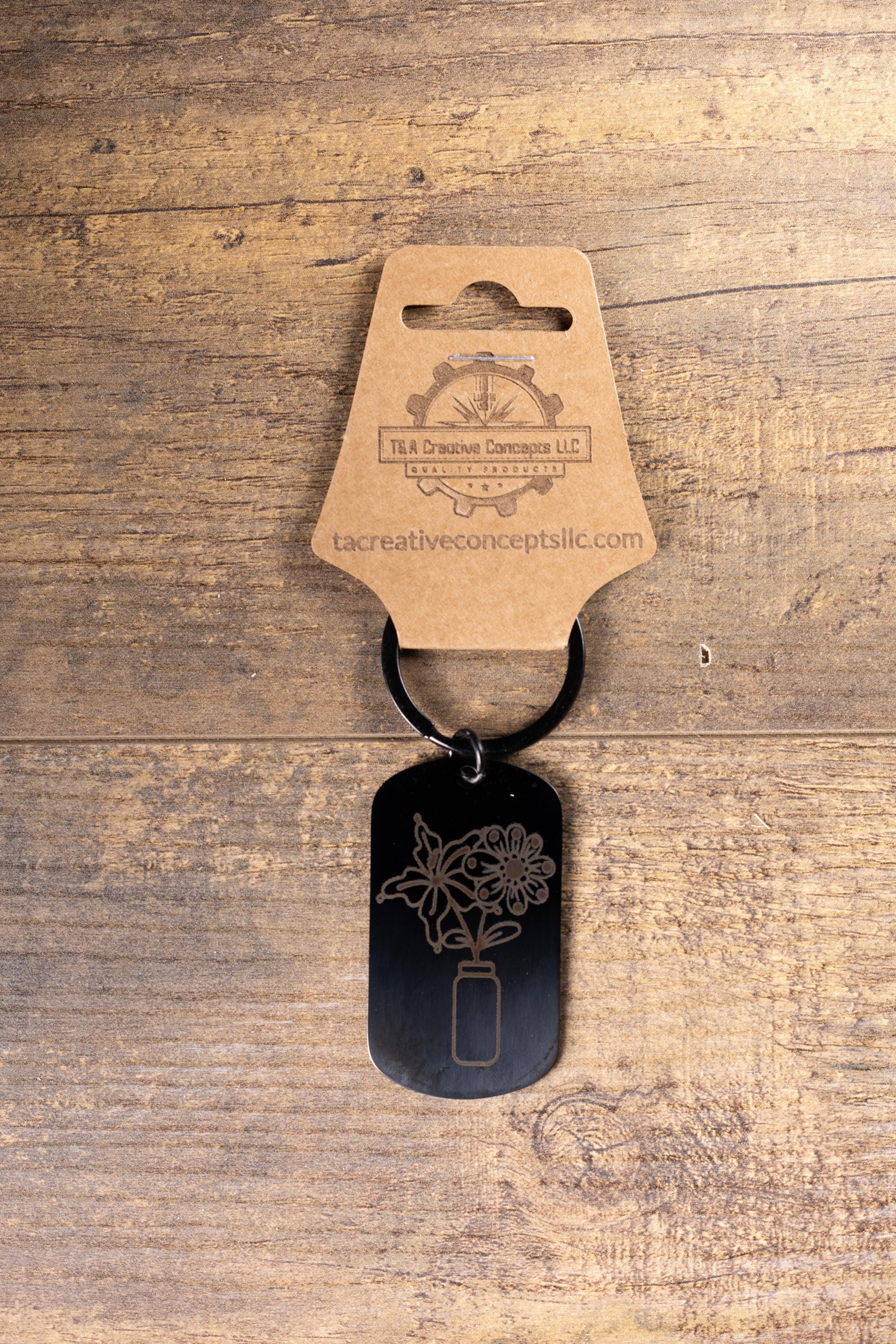 Floral Vase Keychain - Black Steel Durable Keepsake with Laser Engraved Charm