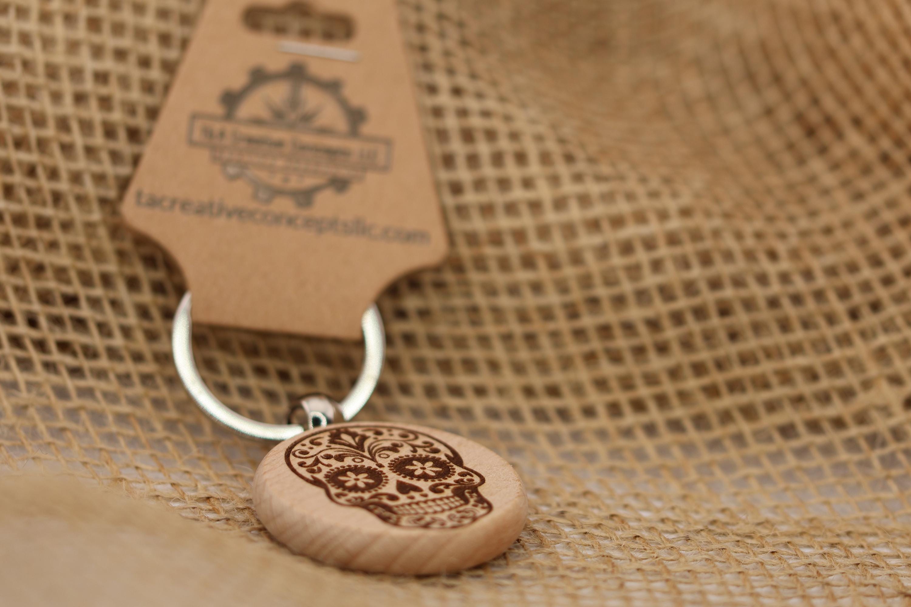 Wooden Sugar Skull Keychain – Double-Sided Laser Engraved Durable Wood Charm