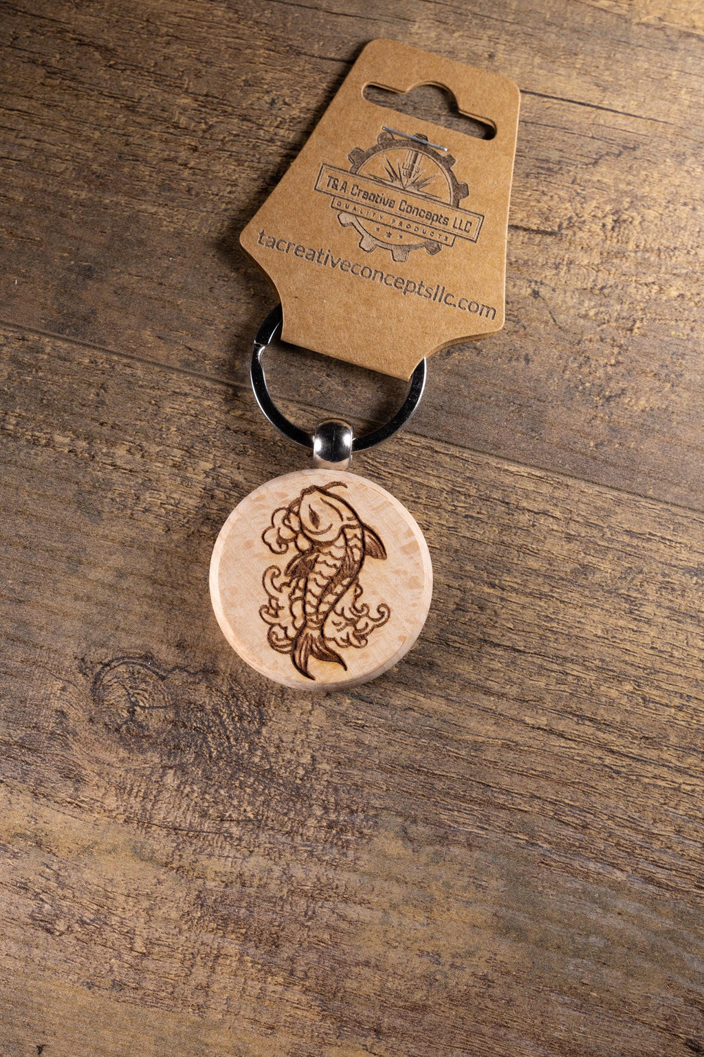 Koi Fish Keychain – Laser Engraved Hardwood With Stainless Steel Ring, Natural Finish