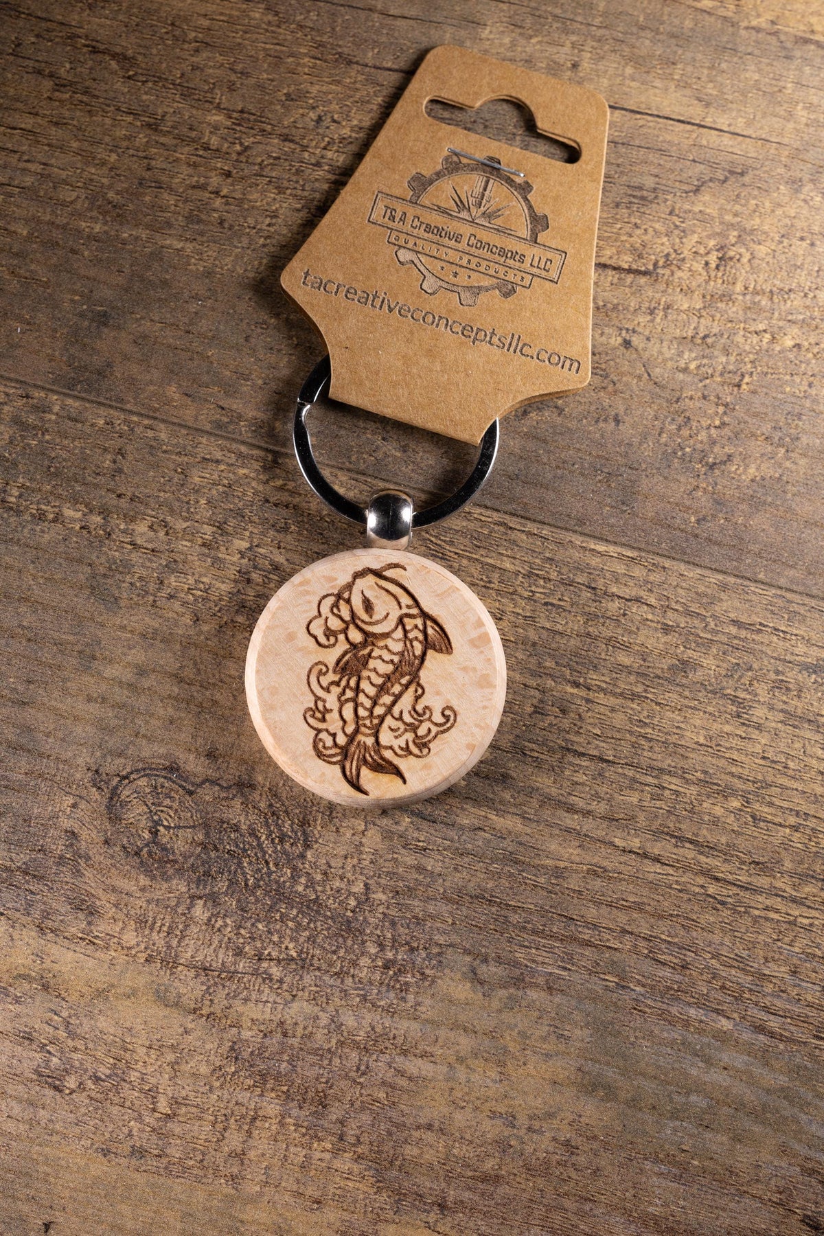 Koi Fish Keychain – Laser Engraved Hardwood With Stainless Steel Ring, Natural Finish