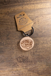 Peony Wood Keychain – Laser Engraved Floral Design | Hardwood & Stainless Steel Ring