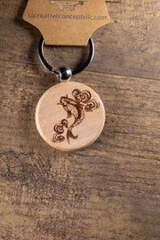 Koi Fish Keychain - Laser Engraved Hardwood Bag Charm With Stainless Steel Hardware