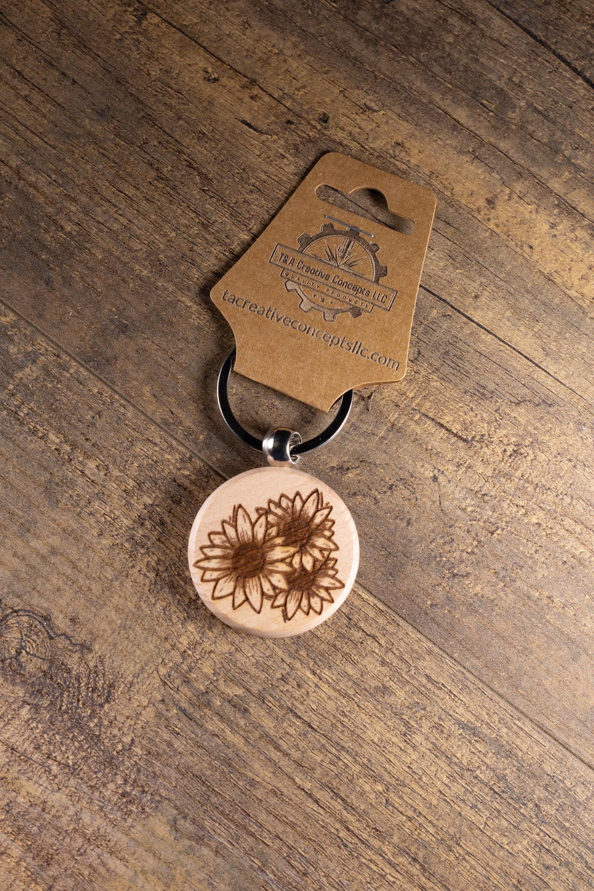Sunflower Wood Keychain - Laser Engraved Hardwood With Stainless Steel Ring