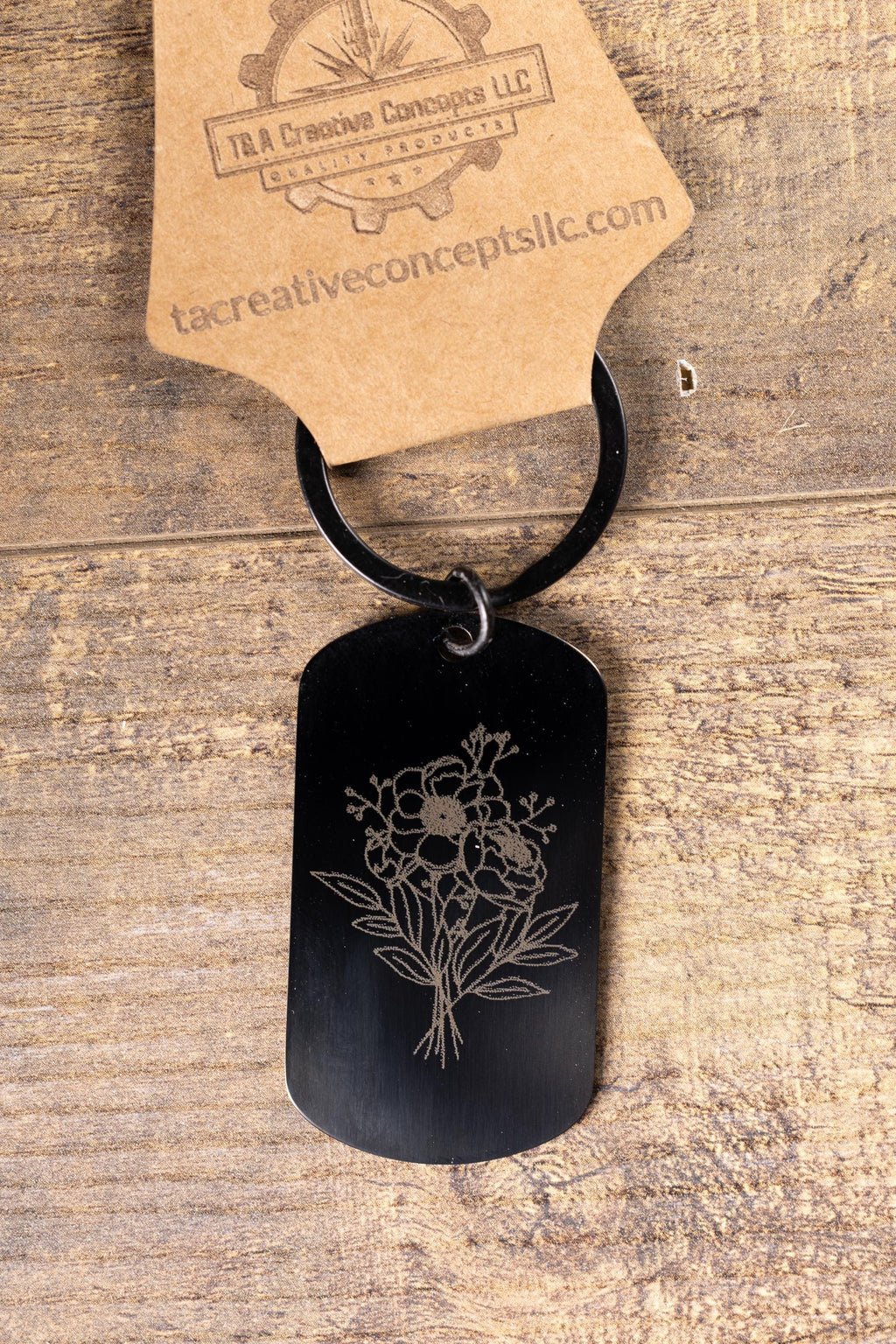 Black Floral Keychain - Laser Engraved Stainless Steel | Durable Everyday Carry