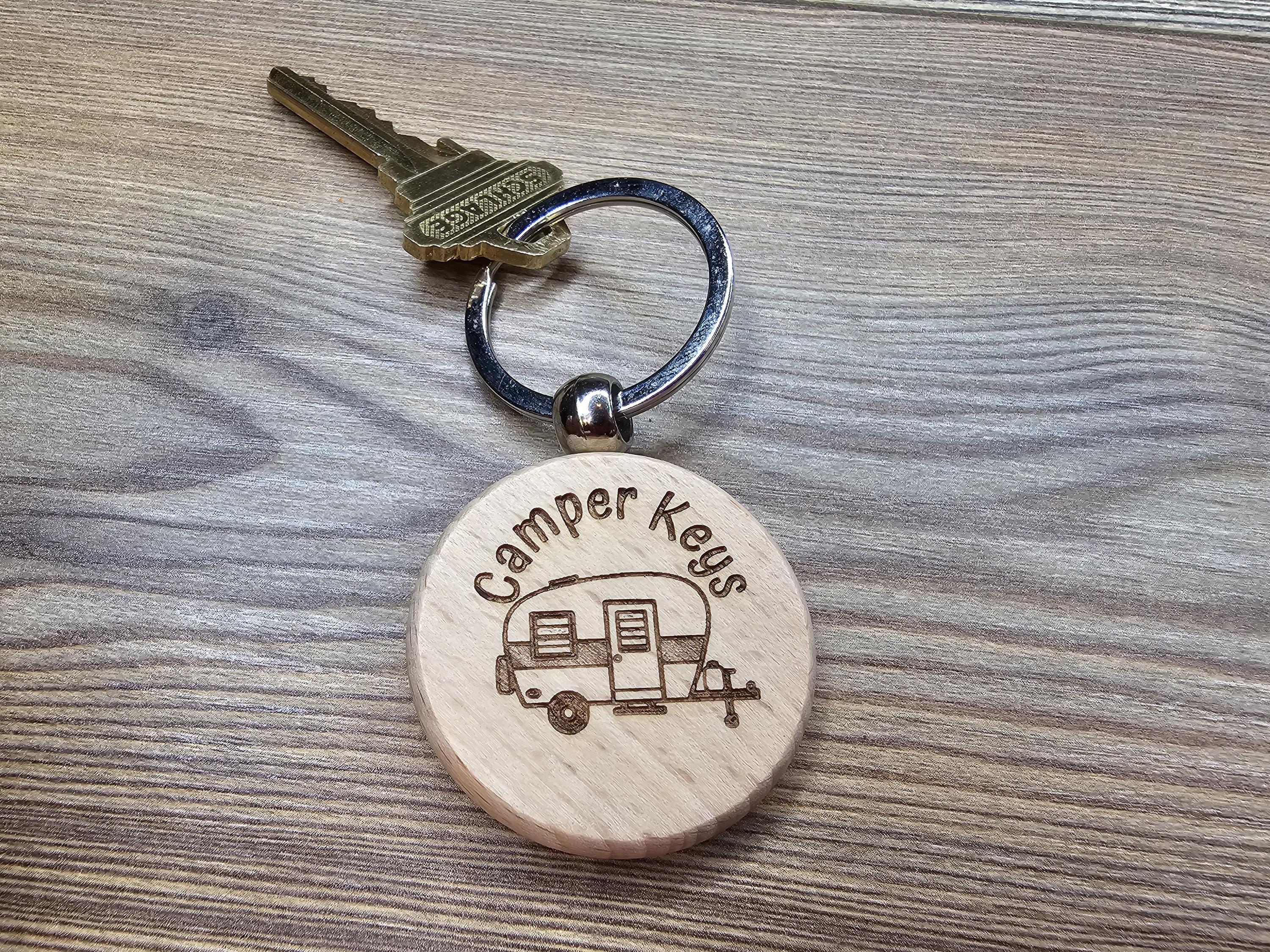 Wood Camper Keychain – Laser Engraved Double Sided Hardwood Keychain with Rust Resistant Ring