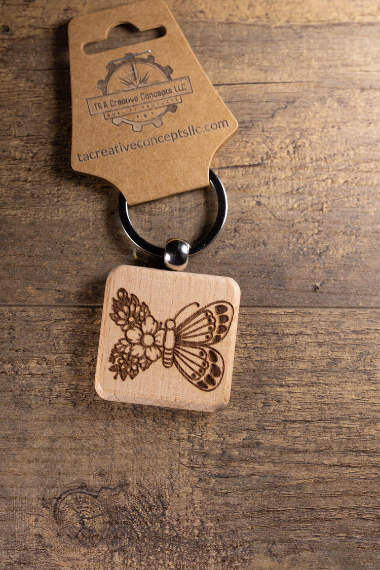 Butterfly Keychain - Laser Engraved Solid Hardwood Charm With Floral Design