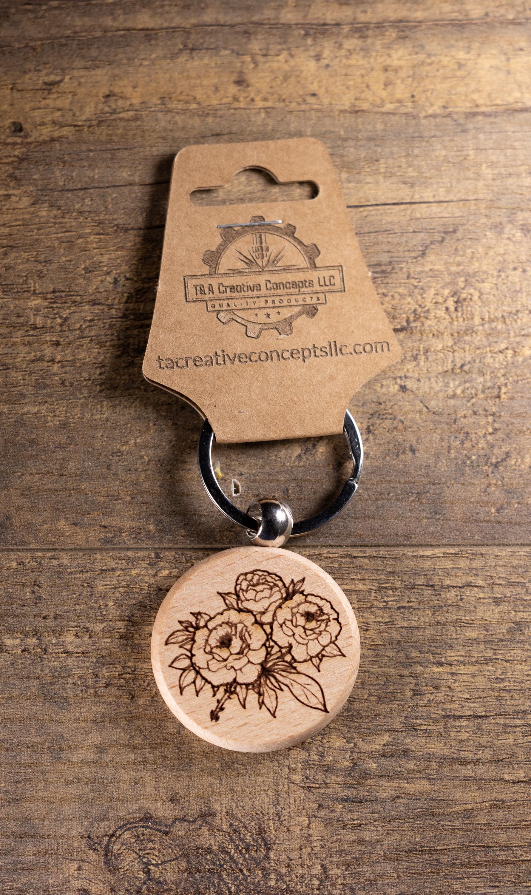 Wood Keychain – Laser Engraved Peony Bouquet Floral Charm | Maple, Cherry, Walnut