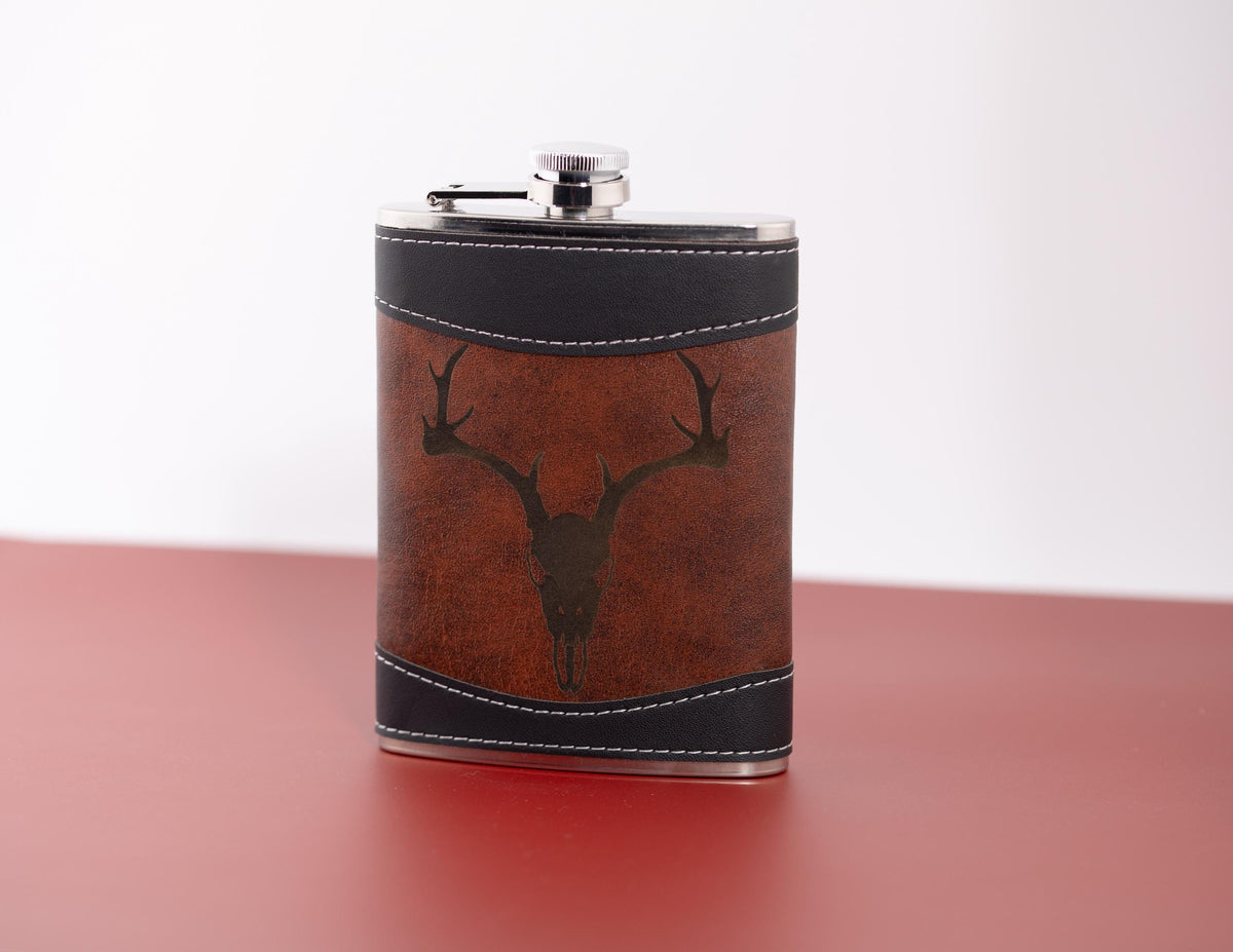 Leather Flask – 8oz Stainless Steel Travel Flask with Gothic Deer Skull Design