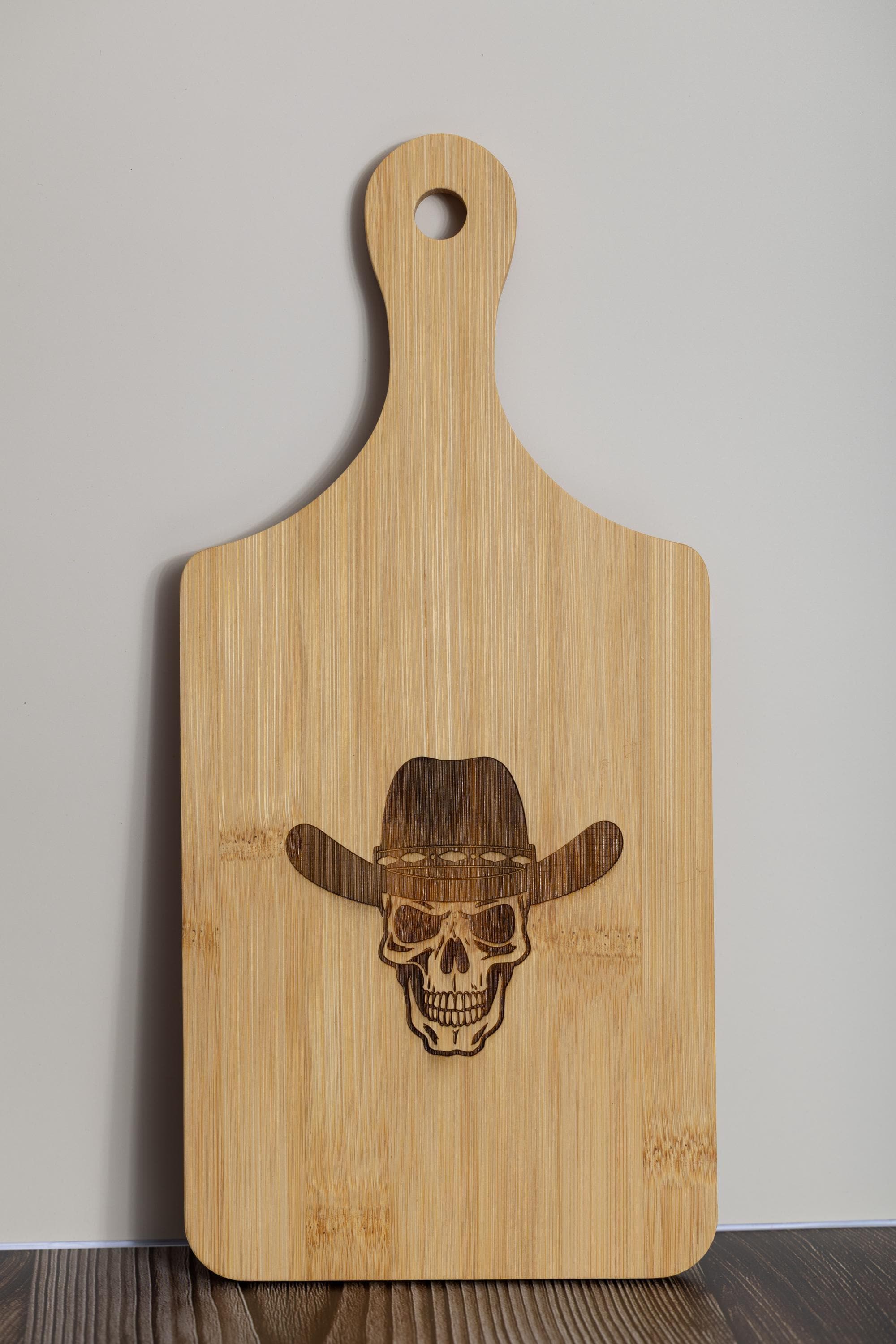 Cowboy Skull Cutting Board – Bamboo Rustic Kitchen Board With Cowboy Hat Design