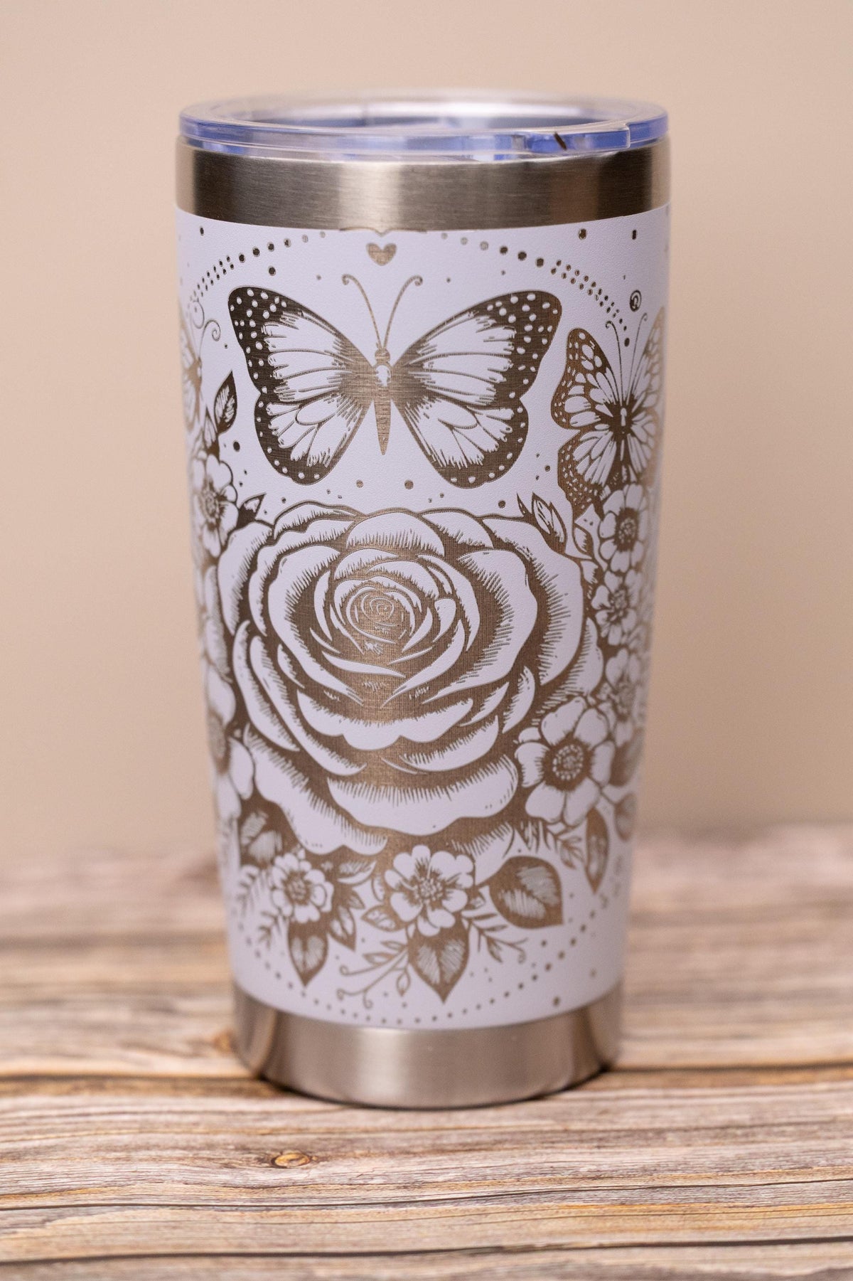 Stainless Steel Tumbler - 20oz Insulated Drinkware With Elegant Rose & Butterfly Wrap