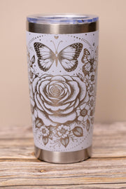 Stainless Steel Tumbler - 20oz Insulated Drinkware With Elegant Rose & Butterfly Wrap