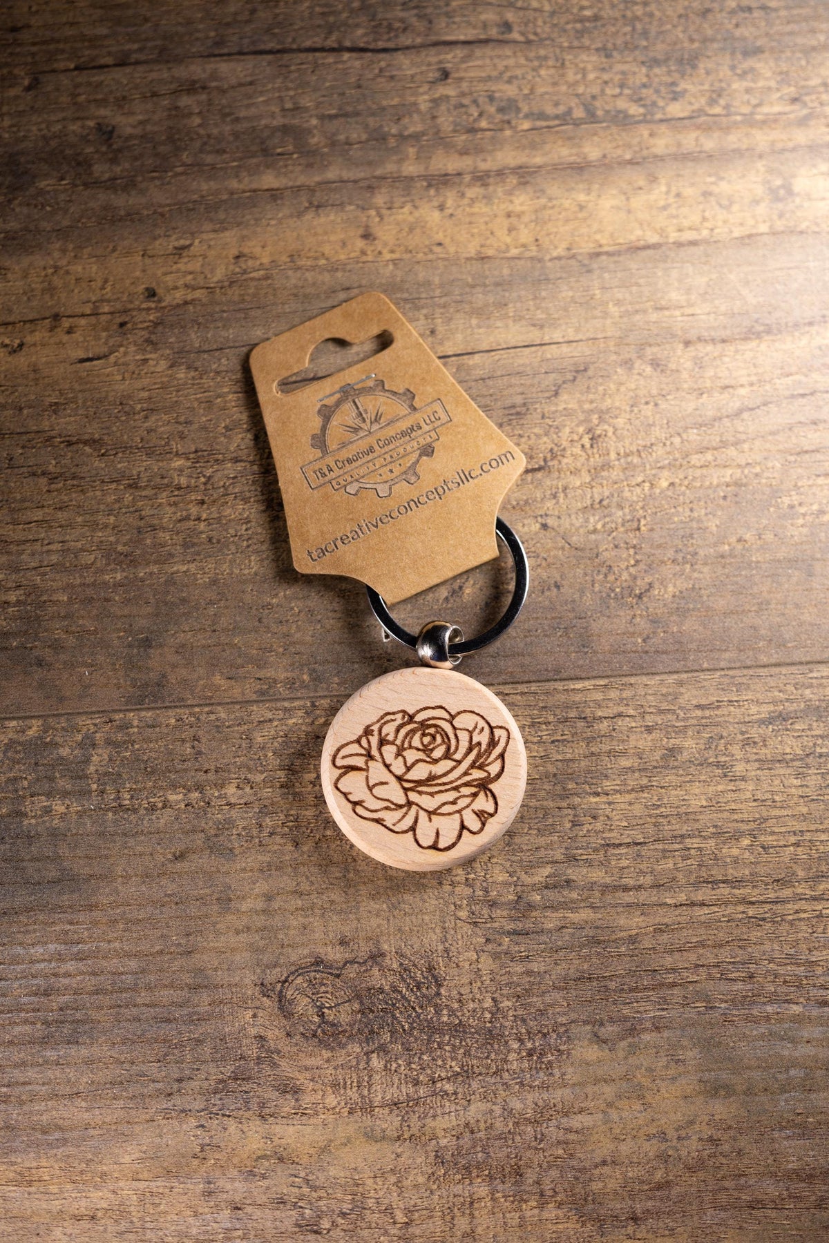 Peony Wood Keychain – Laser Engraved Floral Design | Hardwood & Stainless Steel Ring