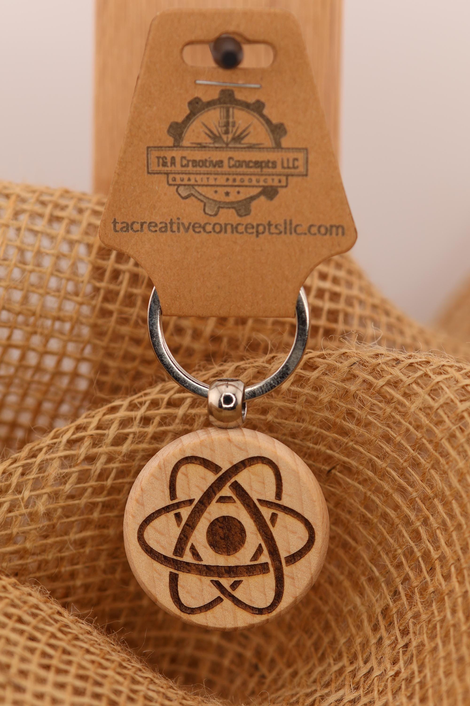 Atomic Symbol Keychain - Laser Engraved Hardwood Science Gift with Stainless Steel Ring