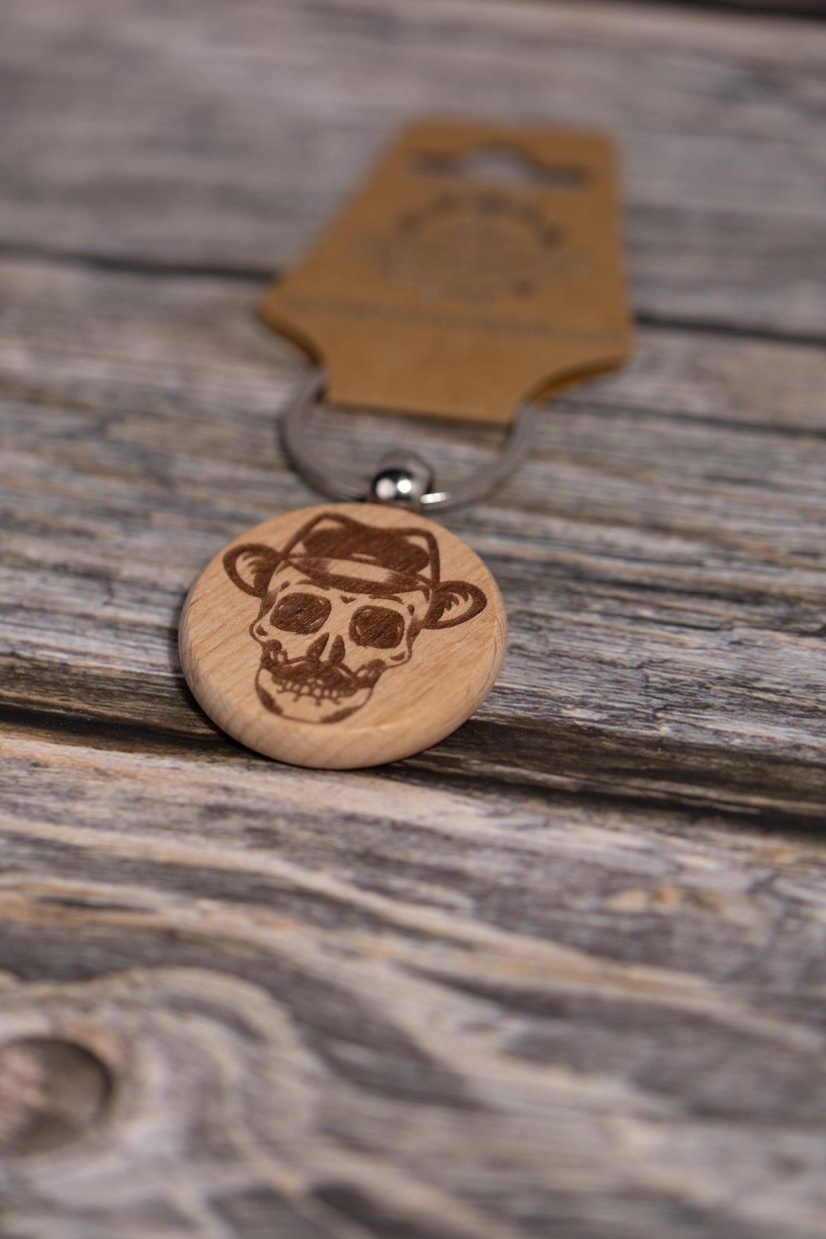 Wooden Skull Keychain – Laser Engraved Hardwood Bag Charm with Fedora & Mustache