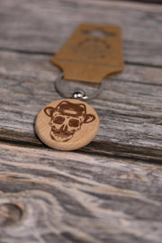 Wooden Skull Keychain – Laser Engraved Hardwood Bag Charm with Fedora & Mustache