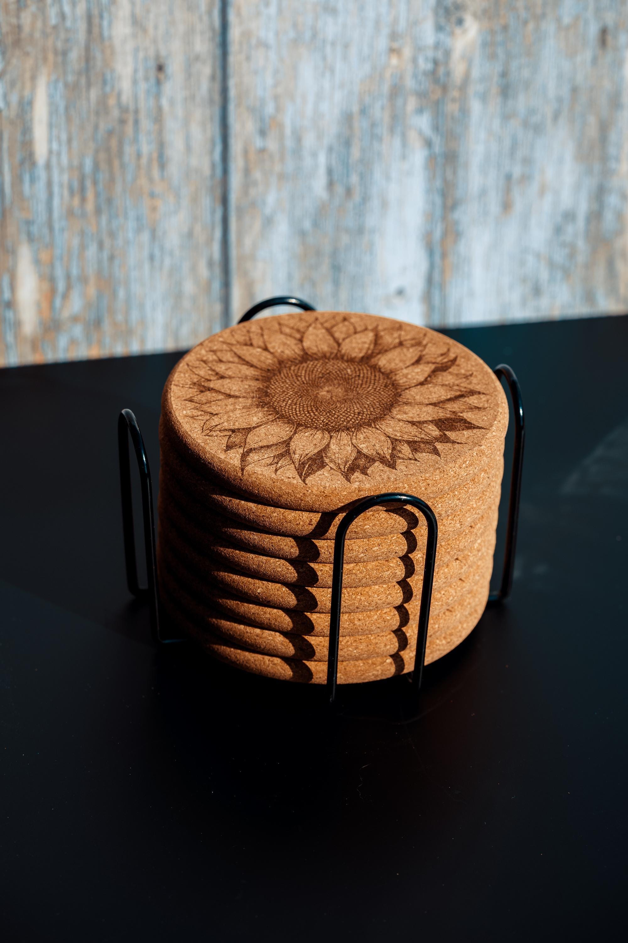 Rustic Cork Coasters - Set of 8 Sunflower Drink Set with Natural Cork Holder