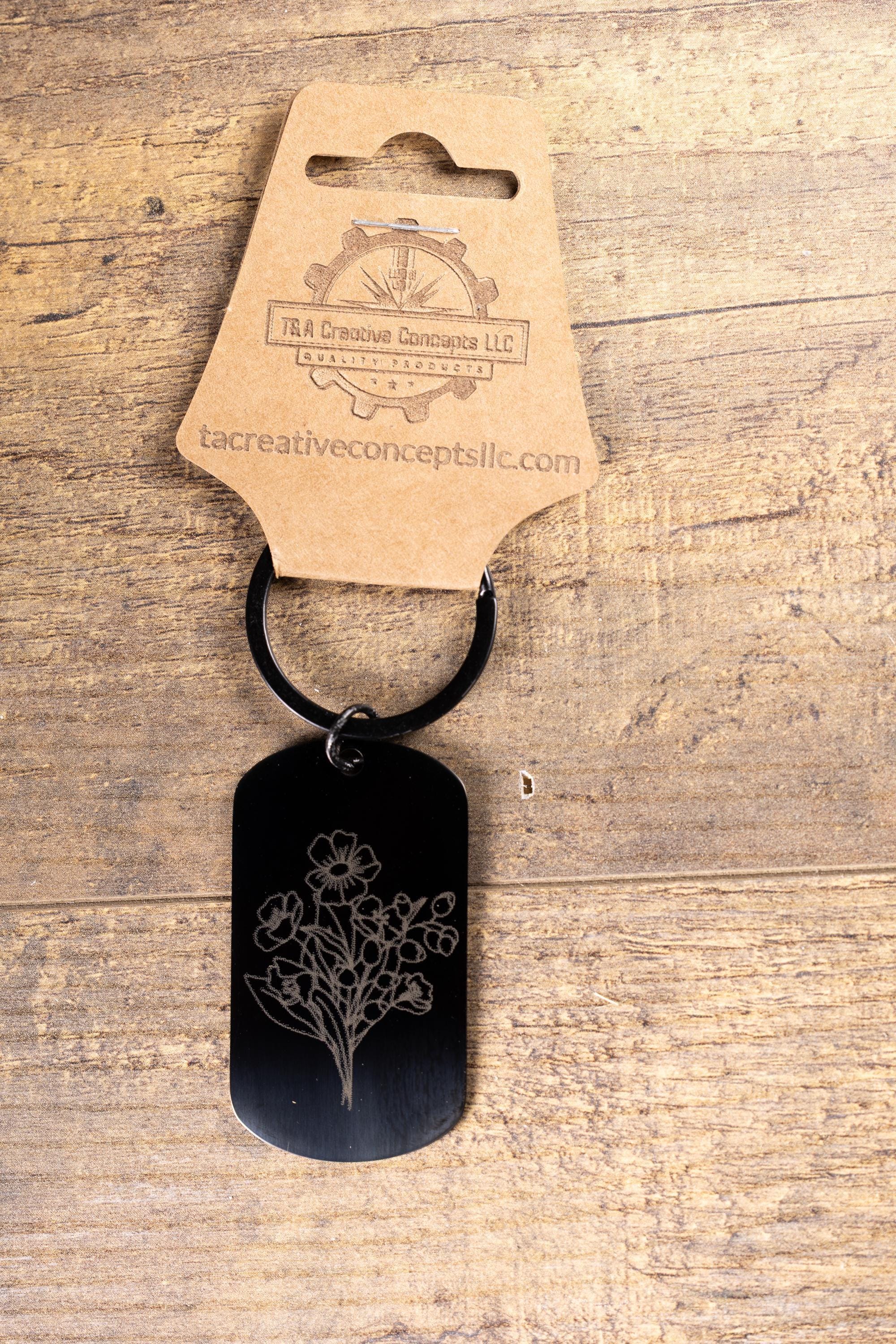Black Stainless Steel Keychain – Floral Engraved Design | Fade Resistant, Matte Finish