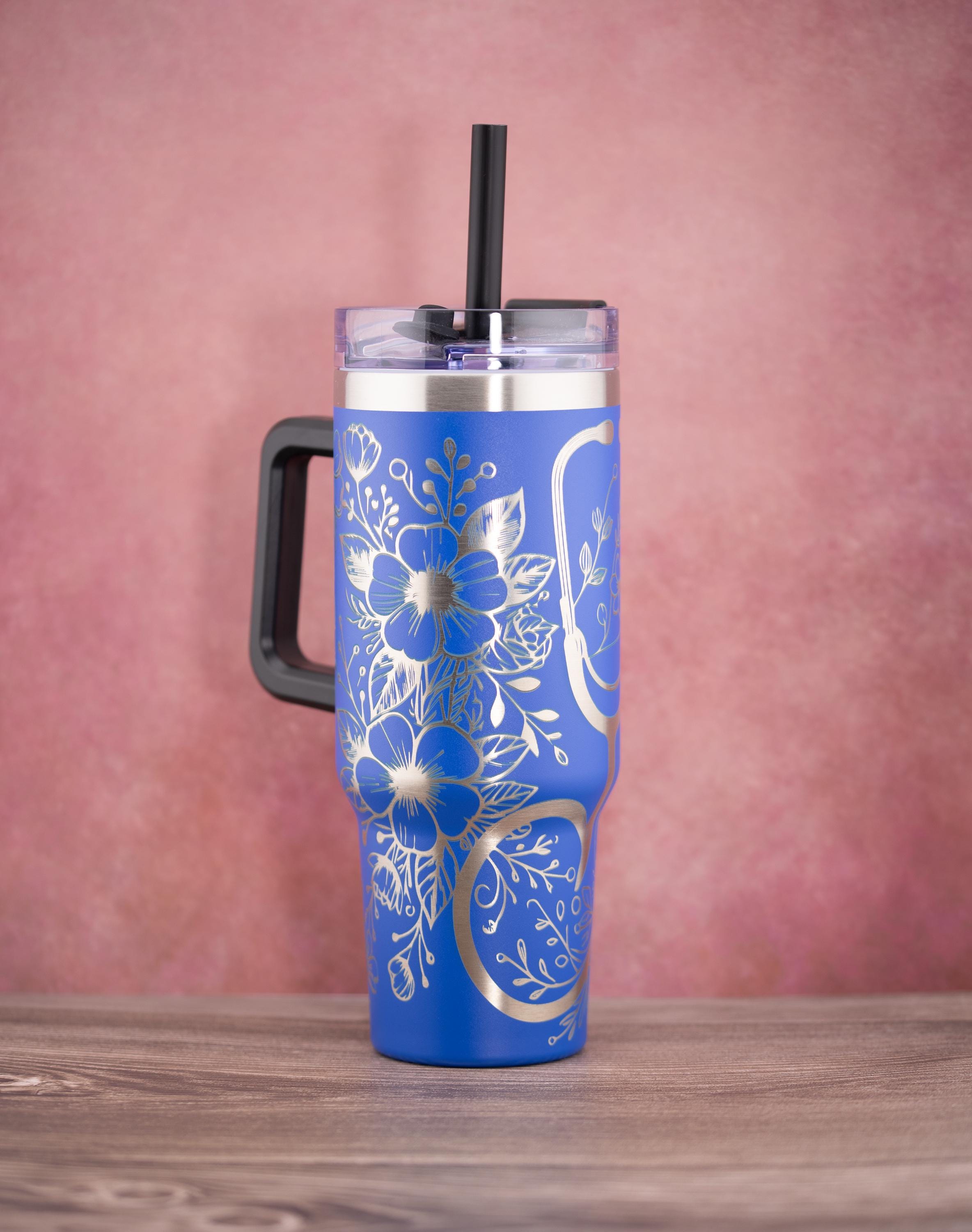 Floral Nurse Tumbler – 40oz Stainless Steel Insulated Drink Cup with Handle & Straw Lid