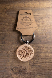 Wood Keychain – Laser Engraved Peony Bouquet Floral Charm | Maple, Cherry, Walnut