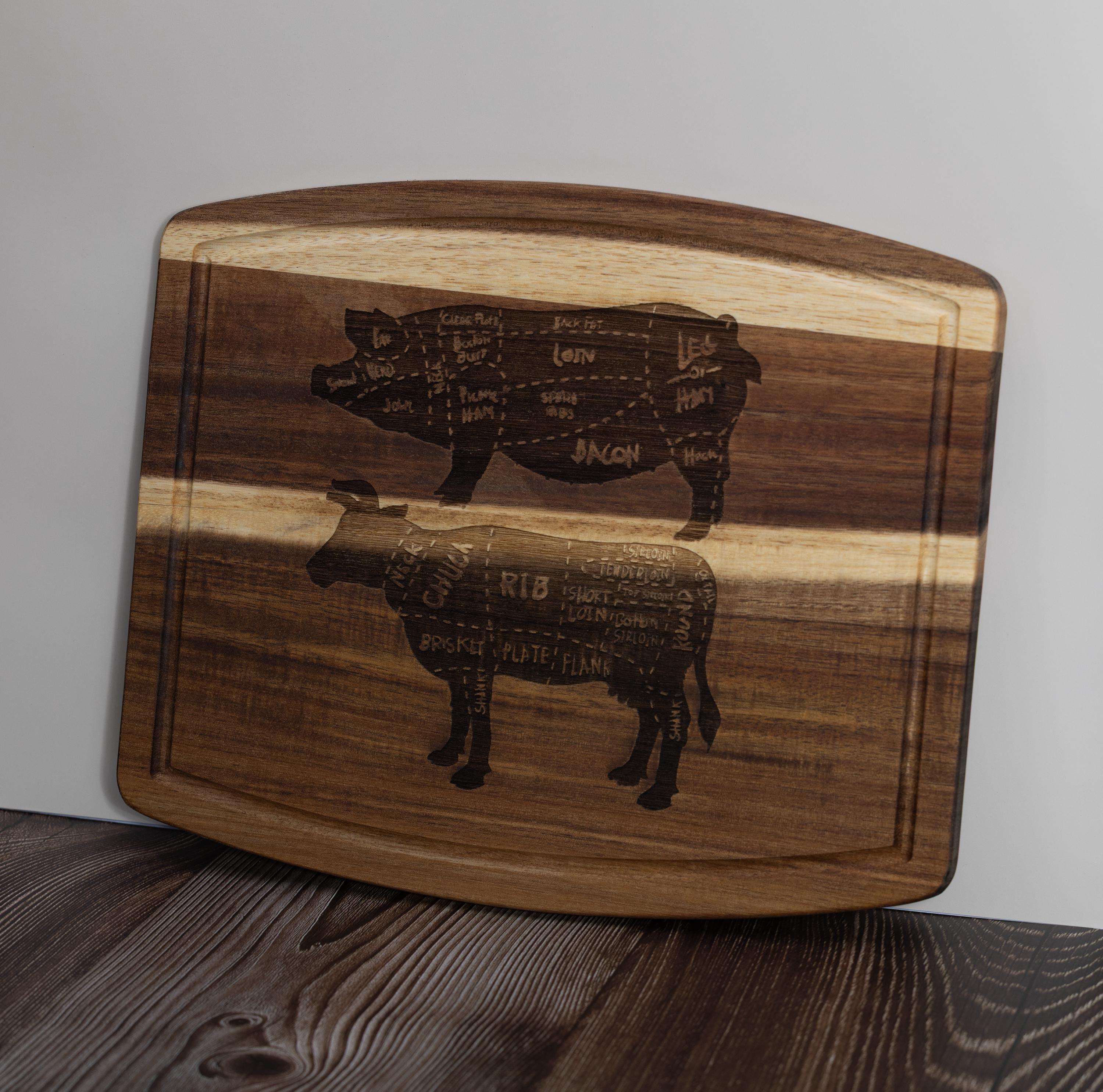Butcher Diagram Cutting Board - Acacia Wood Pig & Cow Chart, Laser Engraved