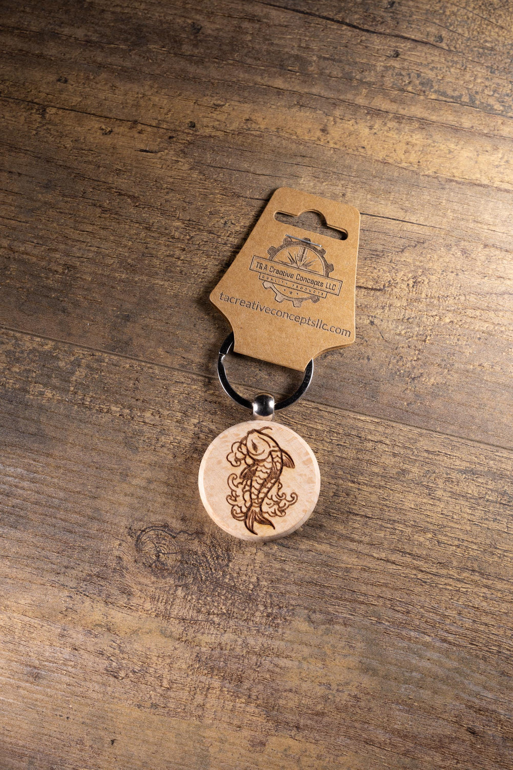 Koi Fish Keychain – Laser Engraved Hardwood With Stainless Steel Ring, Natural Finish