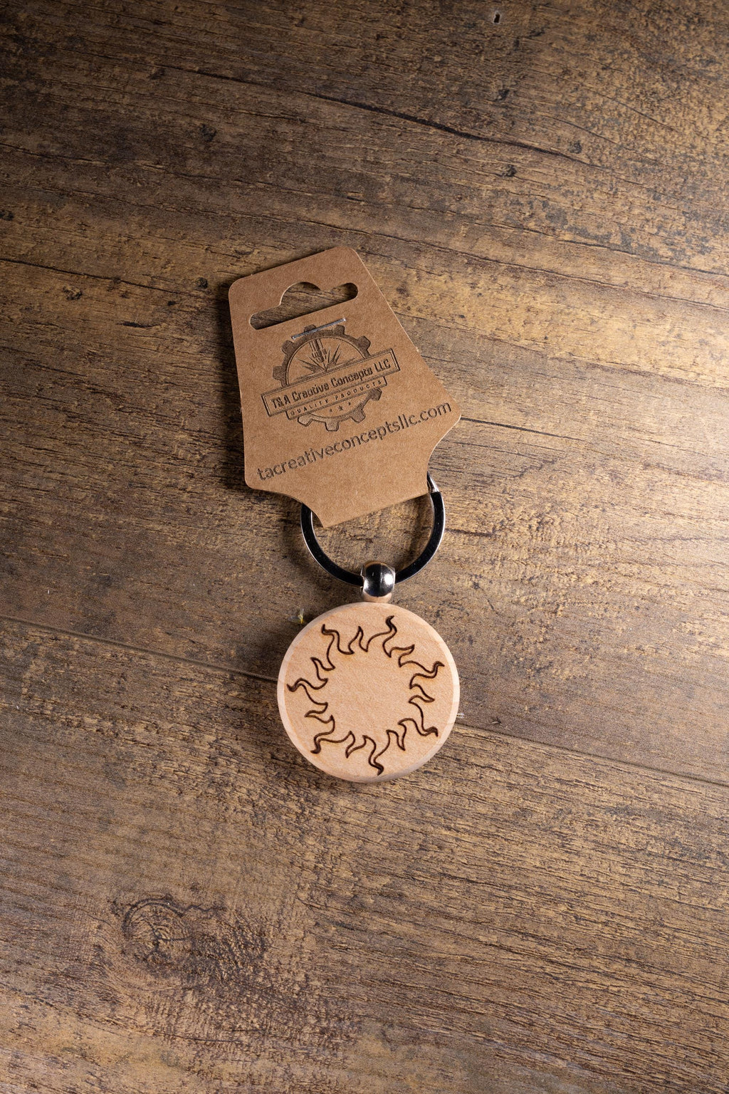 Wood Sun Keychain - Laser Engraved Solid Hardwood Charm | Stainless Steel Ring