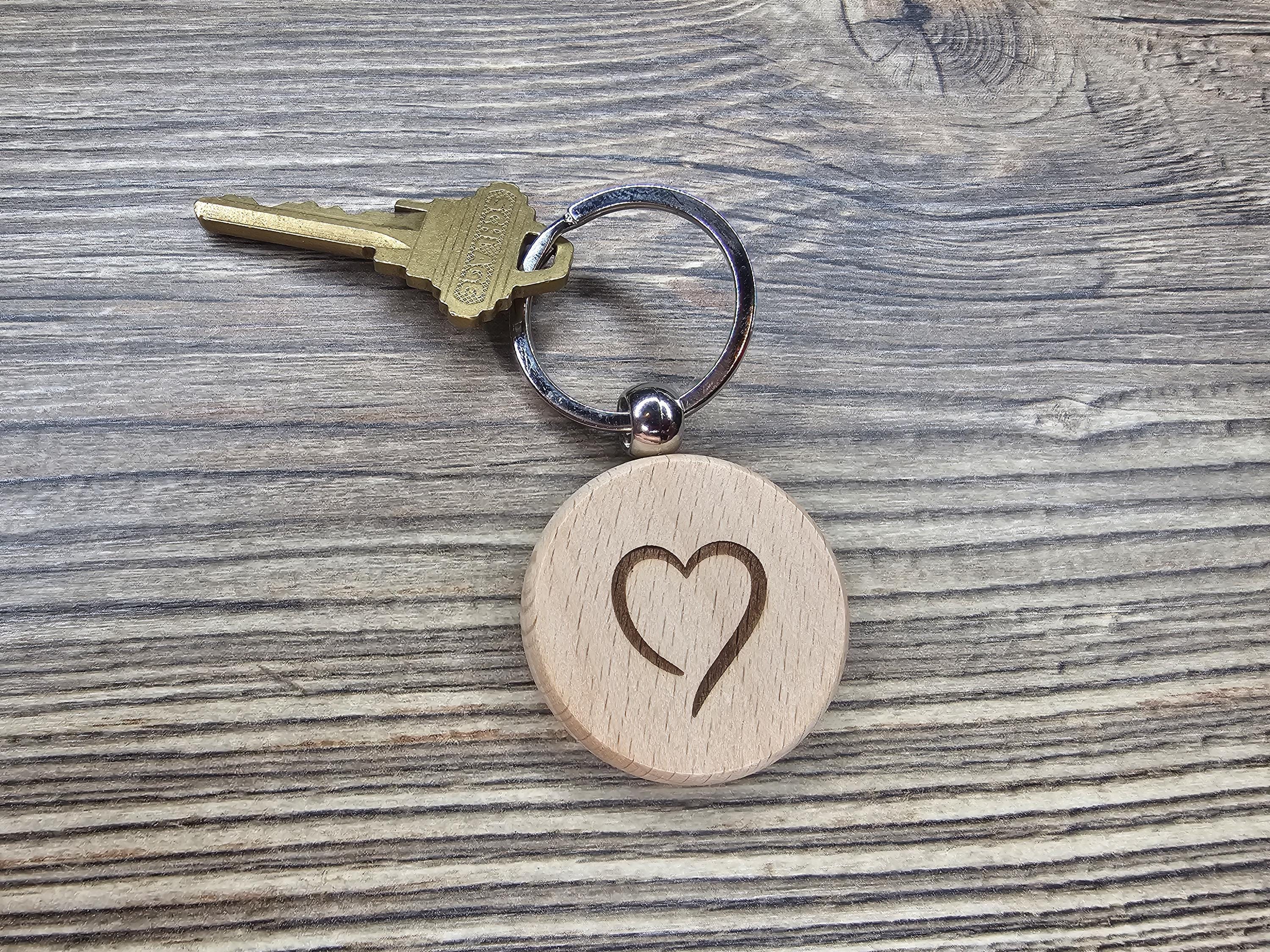 Laser Engraved Heart Keychain - Double Sided Hardwood With Rust Resistant Ring