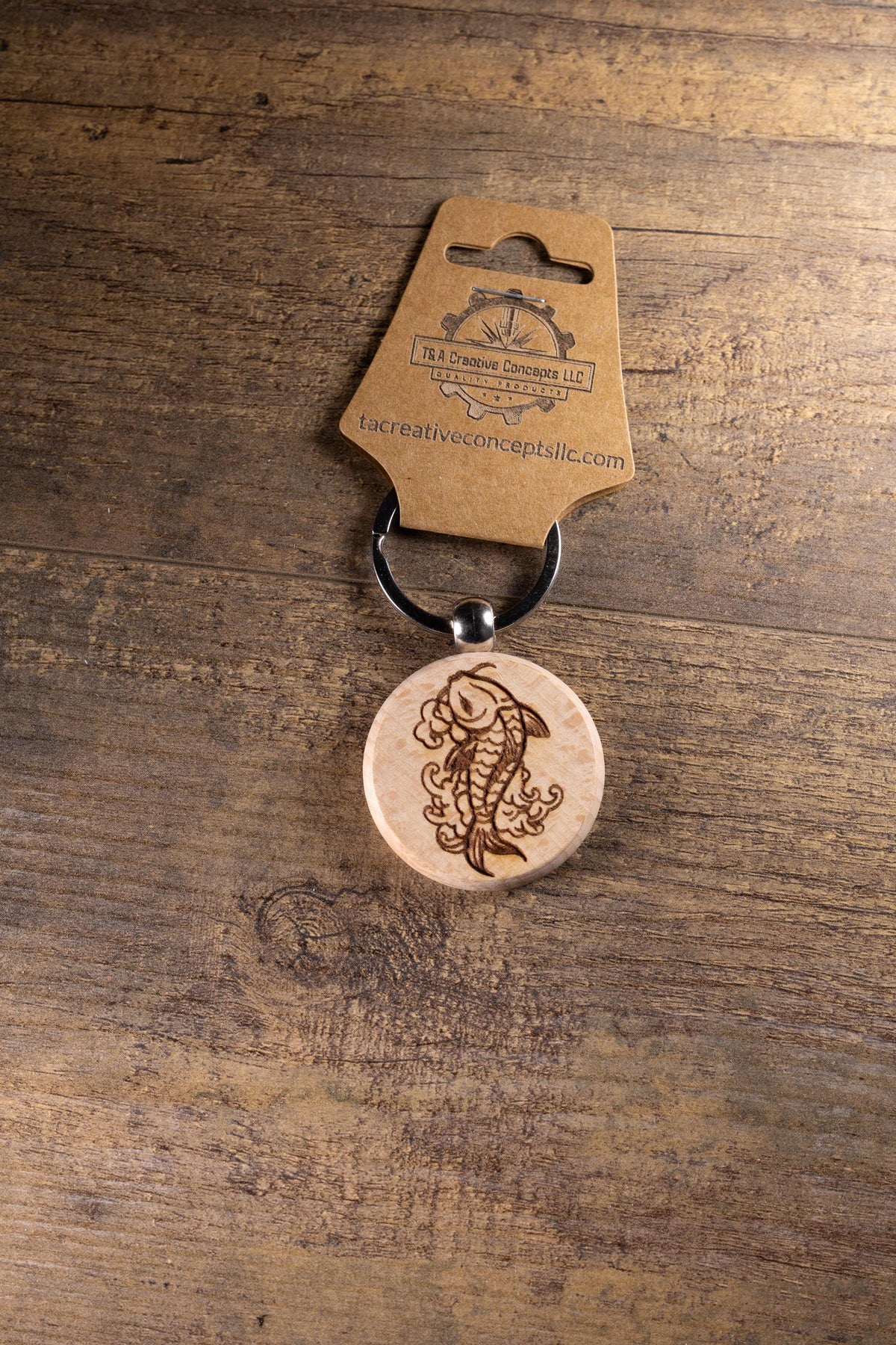 Koi Fish Keychain – Laser Engraved Hardwood With Stainless Steel Ring, Natural Finish