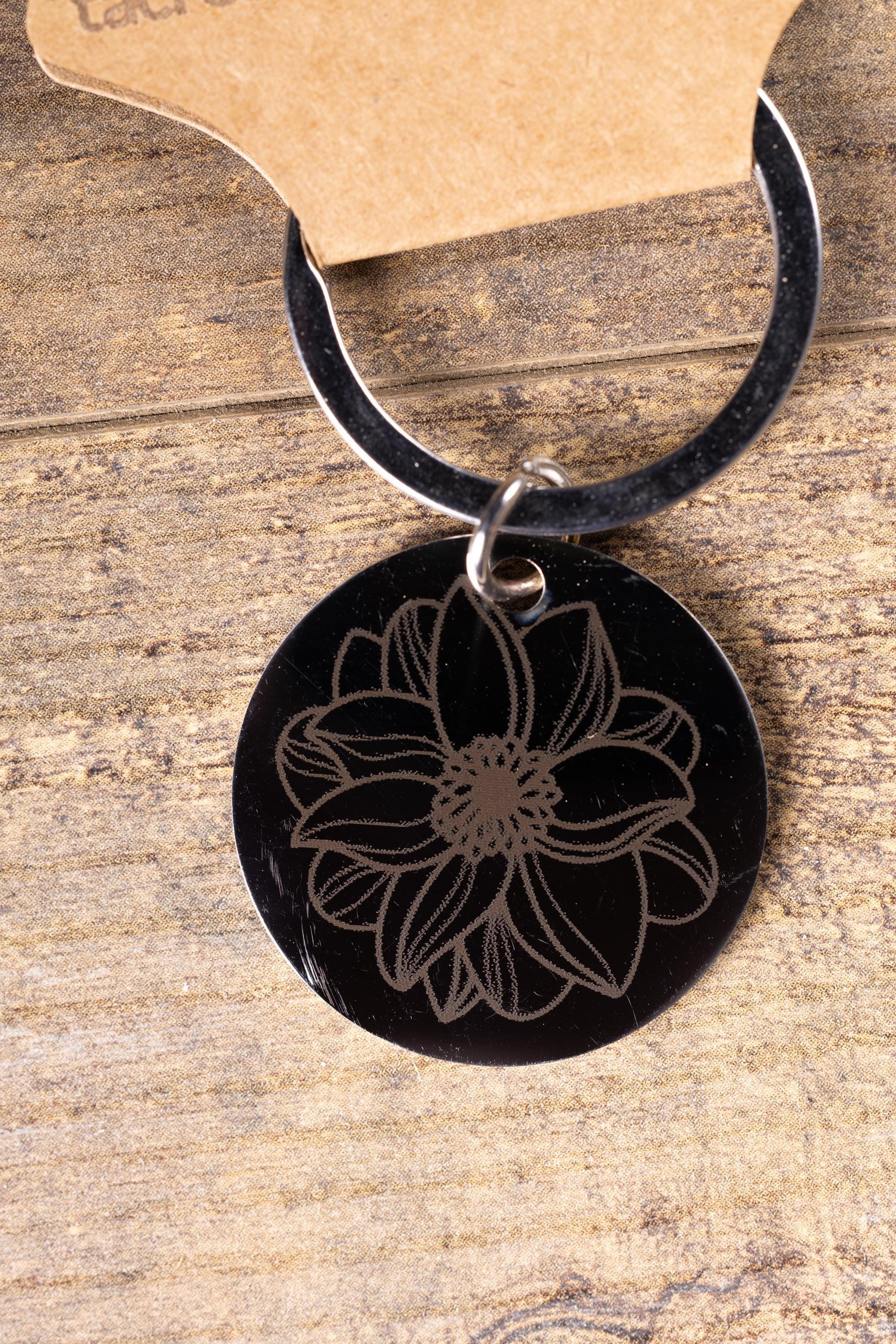 Mandala Flower Keychain – Black Stainless Steel, Double-Sided Engraved Charm