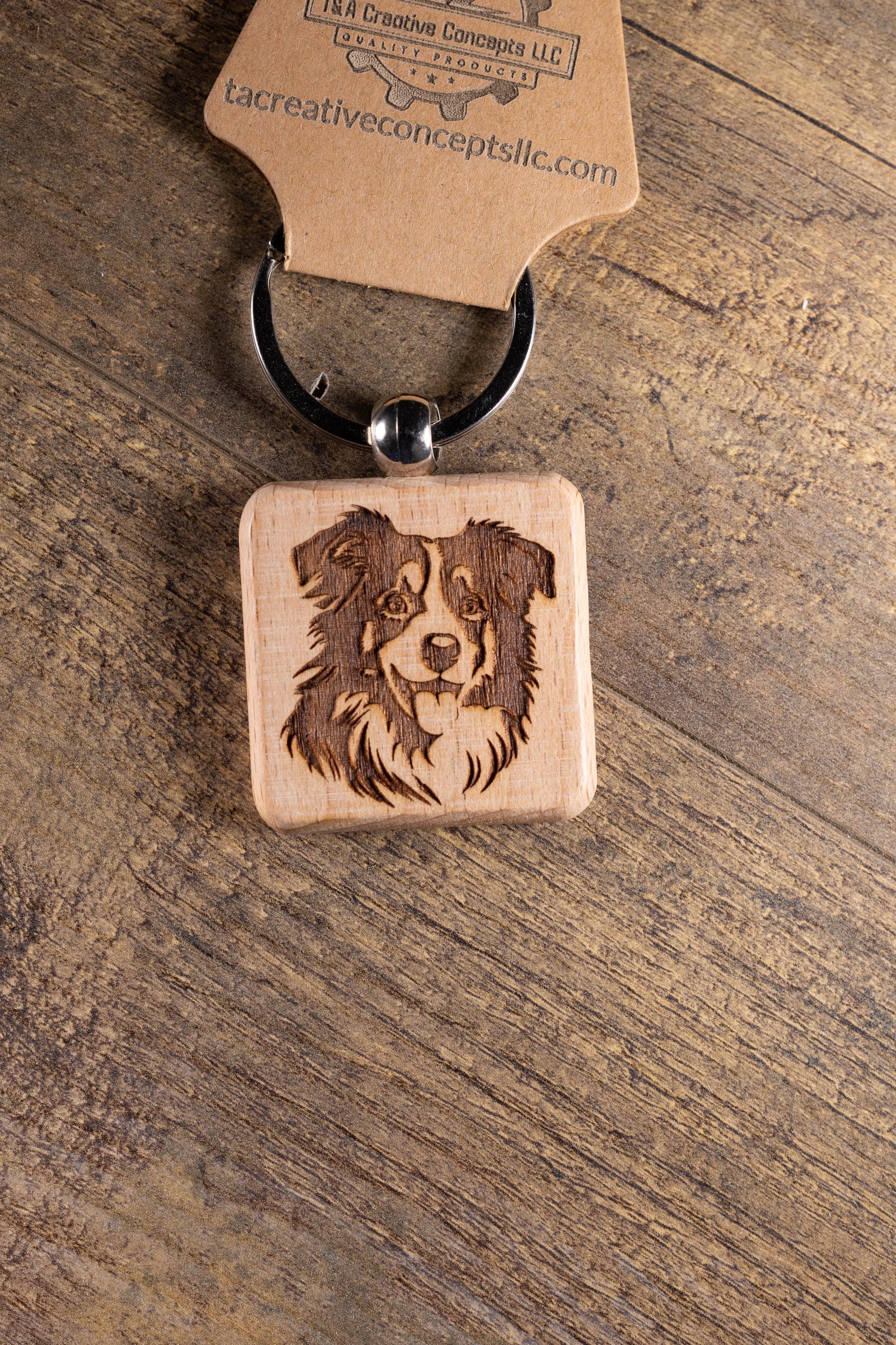 Australian Shepherd Keychain - Laser Engraved Wood Charm With Durable Stainless Steel Ring