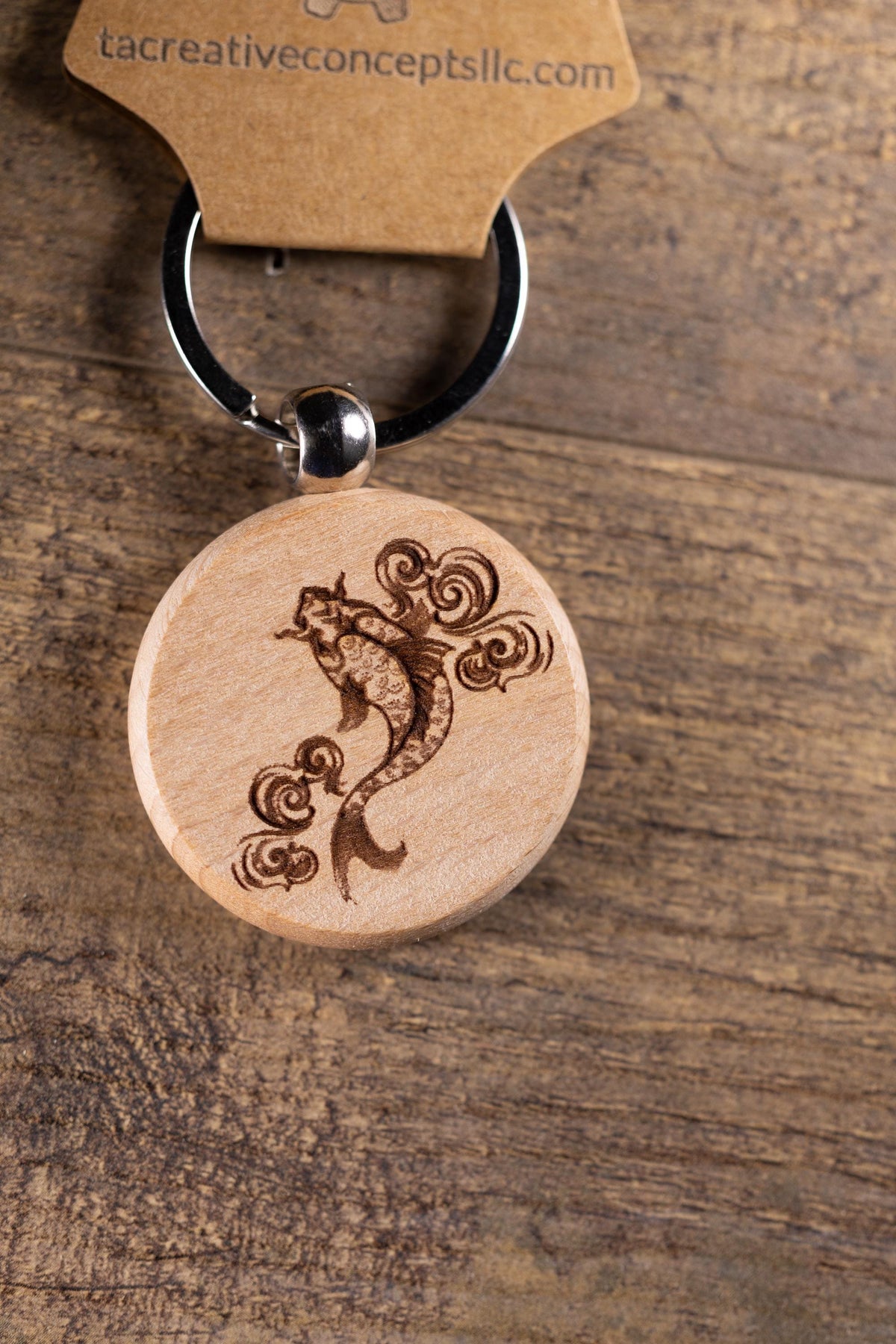 Koi Fish Keychain - Laser Engraved Hardwood Bag Charm With Stainless Steel Hardware