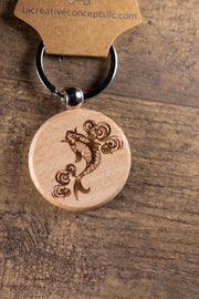 Koi Fish Keychain - Laser Engraved Hardwood Bag Charm With Stainless Steel Hardware