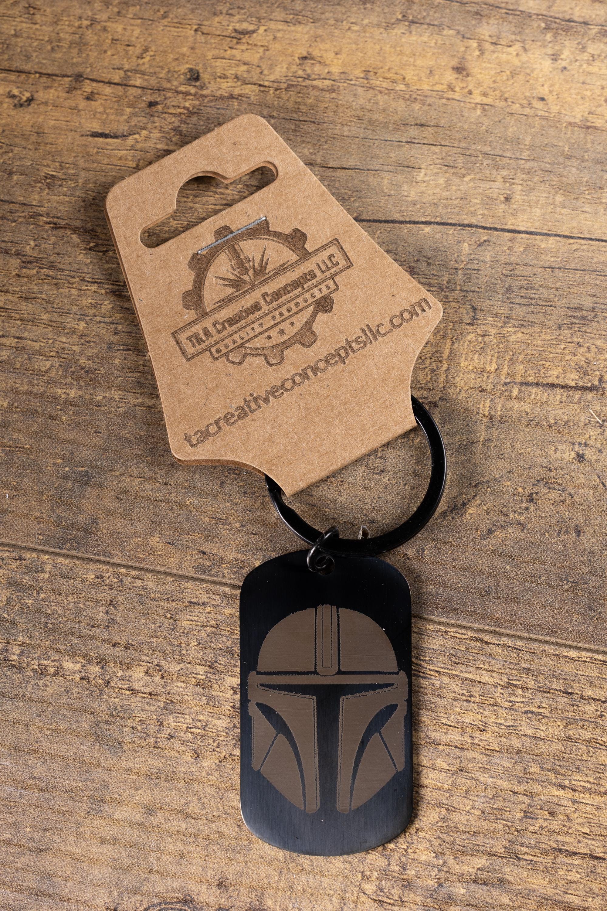 Mandalorian Keychain - Black Stainless Steel, Laser Engraved Double-Sided Design