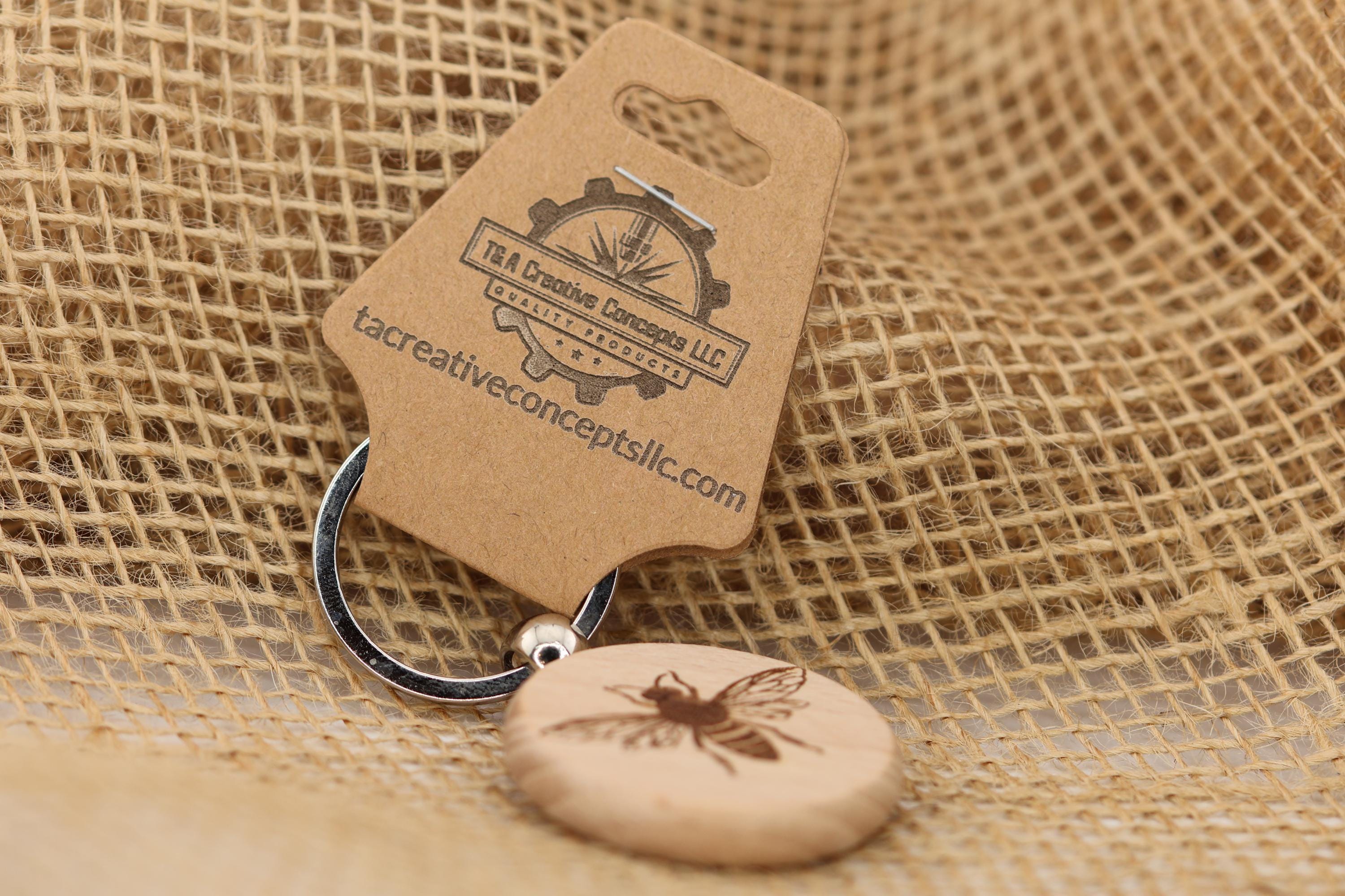 Bee Keychain - Double Sided Laser Engraved Wood Hardwood Charm with Rust Resistant Ring