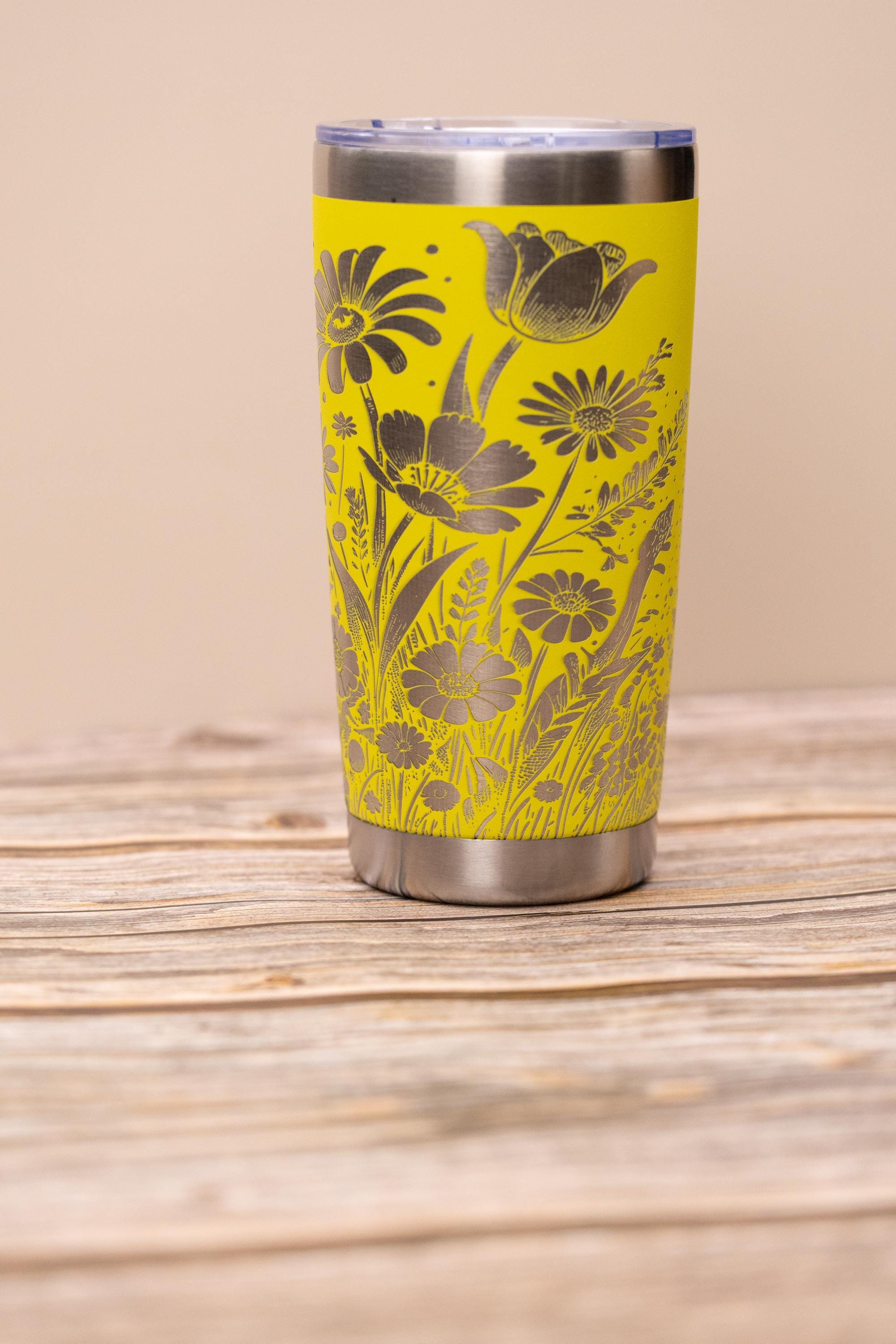 Stainless Steel Tumbler - Floral Wrap Tumbler with Daisy Tulip Design, 20oz Insulated Drinkware