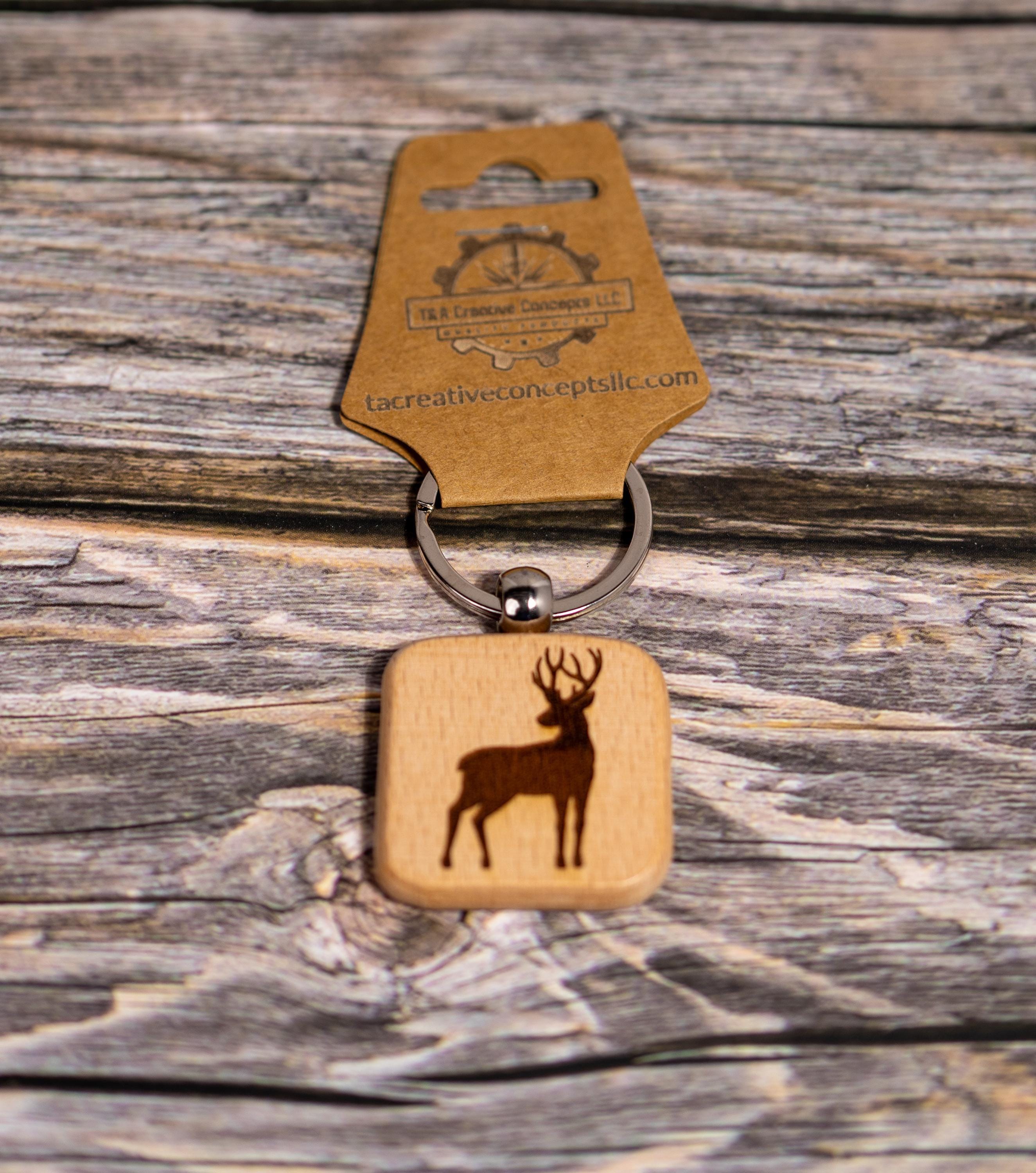 Hunter Buck Keychain - Double Sided Hardwood Laser Engraved Buck Silhouette