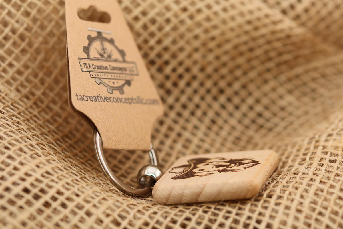 Golden Retriever Keychain – Laser Engraved Wood Cowboy Hat Charm, Durable Hardwood