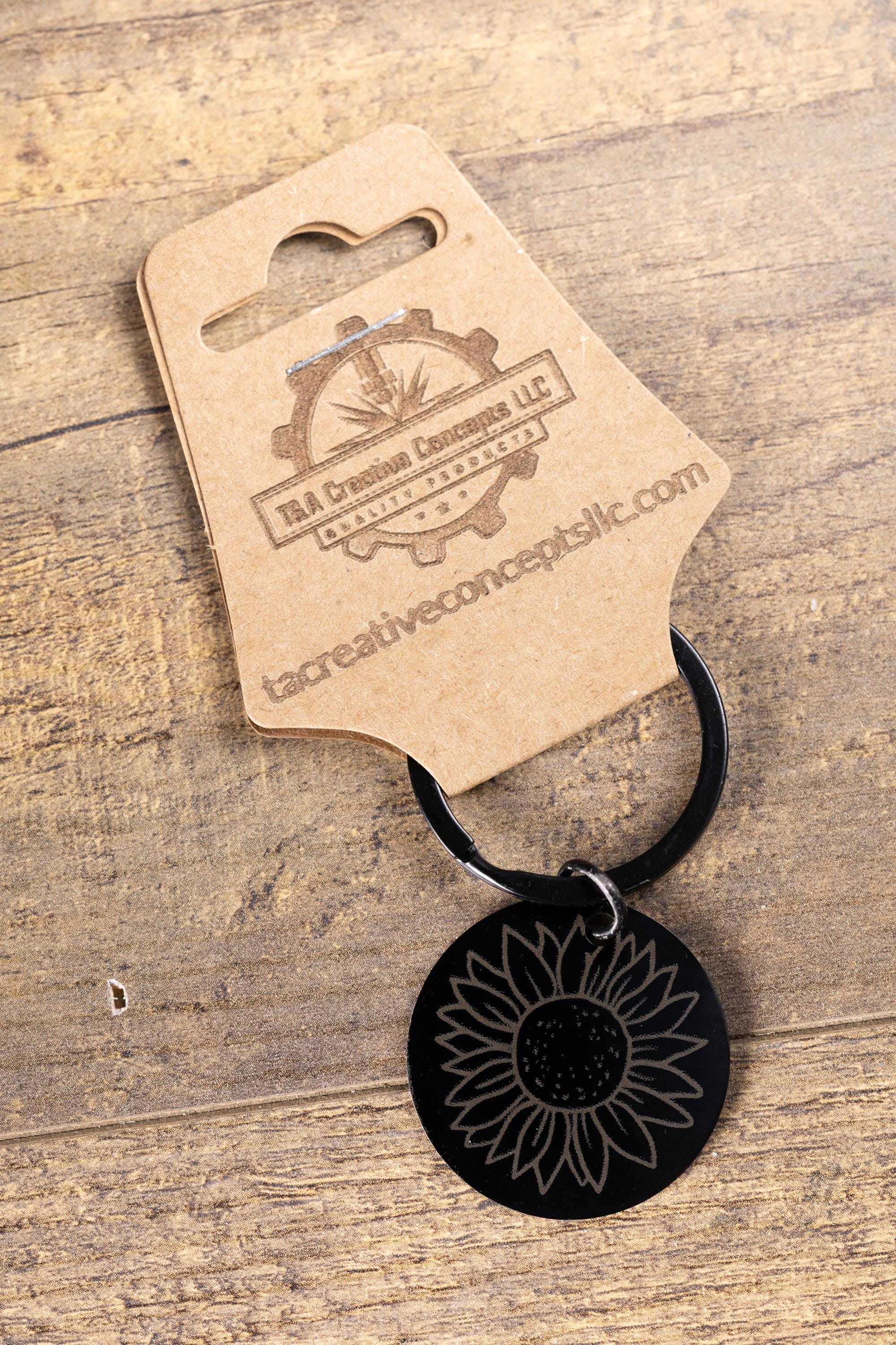 Sunflower Keychain – Black Stainless Steel, Laser Engraved Floral Design, Durable