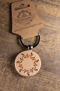 Wood Sun Keychain - Laser Engraved Solid Hardwood Charm | Stainless Steel Ring