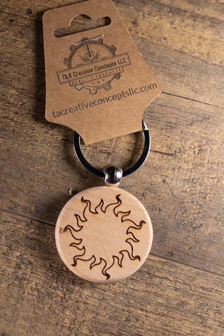 Wood Sun Keychain - Laser Engraved Solid Hardwood Charm | Stainless Steel Ring