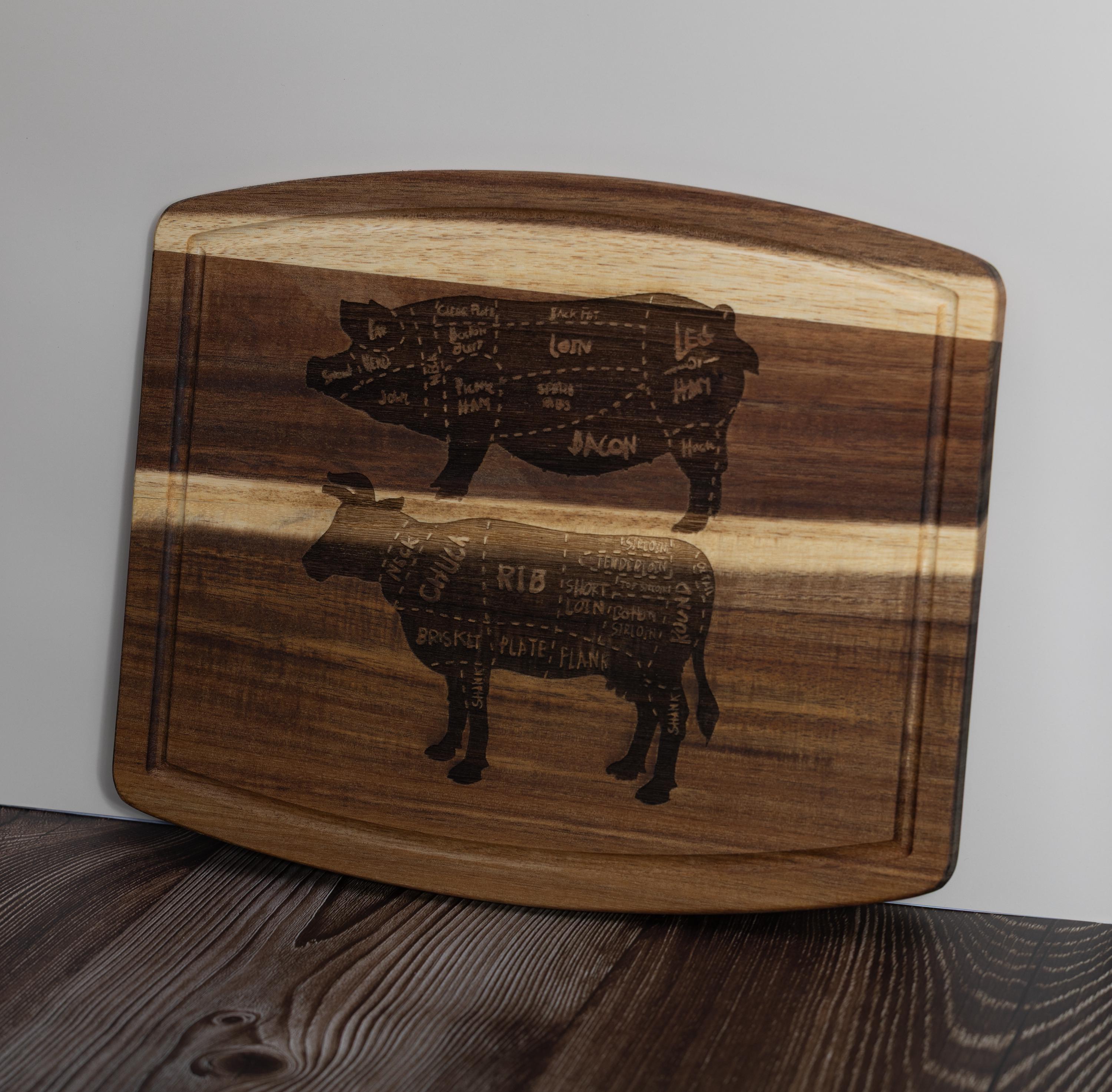 Butcher Diagram Cutting Board - Acacia Wood Pig & Cow Chart, Laser Engraved