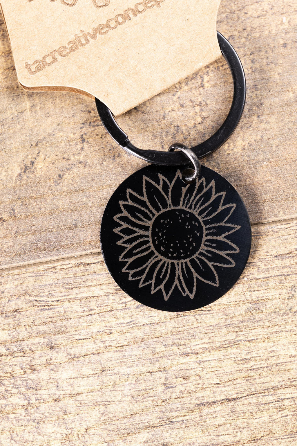 Sunflower Keychain – Black Stainless Steel, Laser Engraved Floral Design, Durable