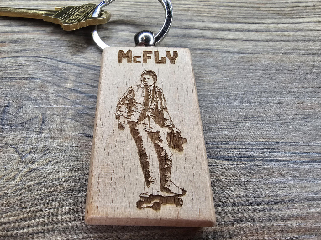 Back to the Future Keychain – Double Sided Laser Engraved Hardwood Bag Charm