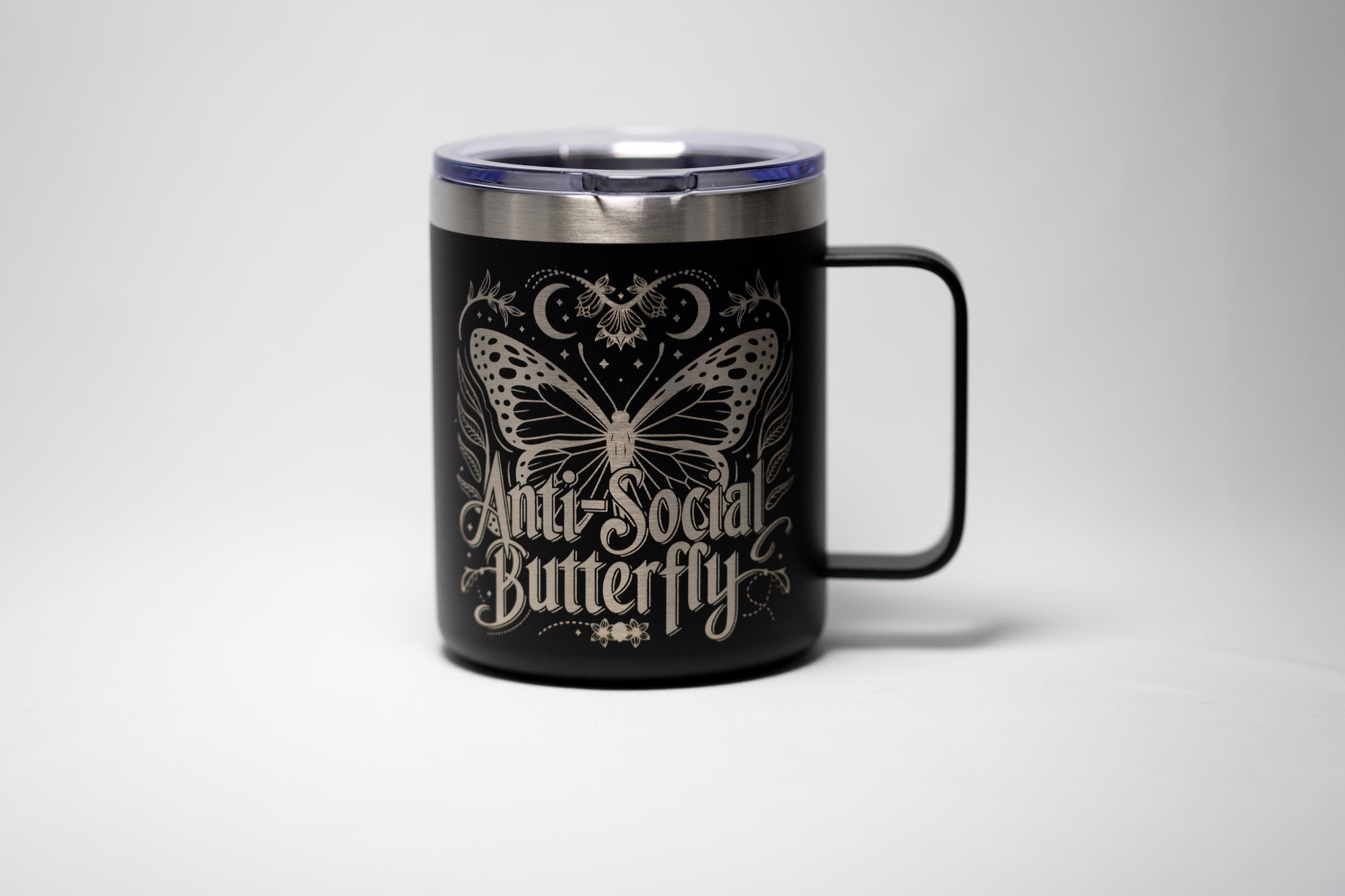 Laser Engraved Mug | Antisocial Butterfly Stainless Steel Cup - Durable Travel Mug