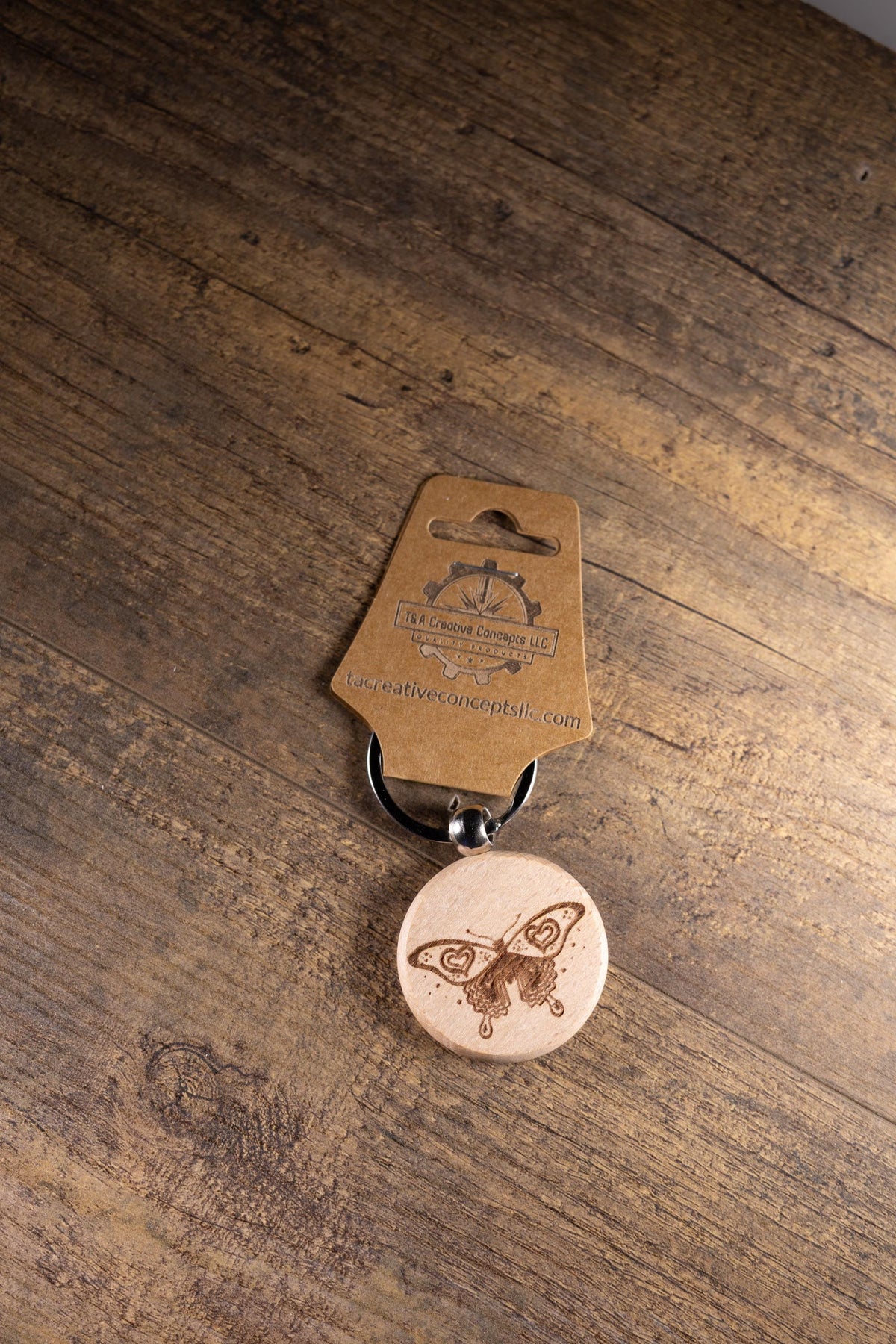Laser Engraved Keychain - Solid Hardwood Butterfly Bag Charm with Stainless Steel Ring